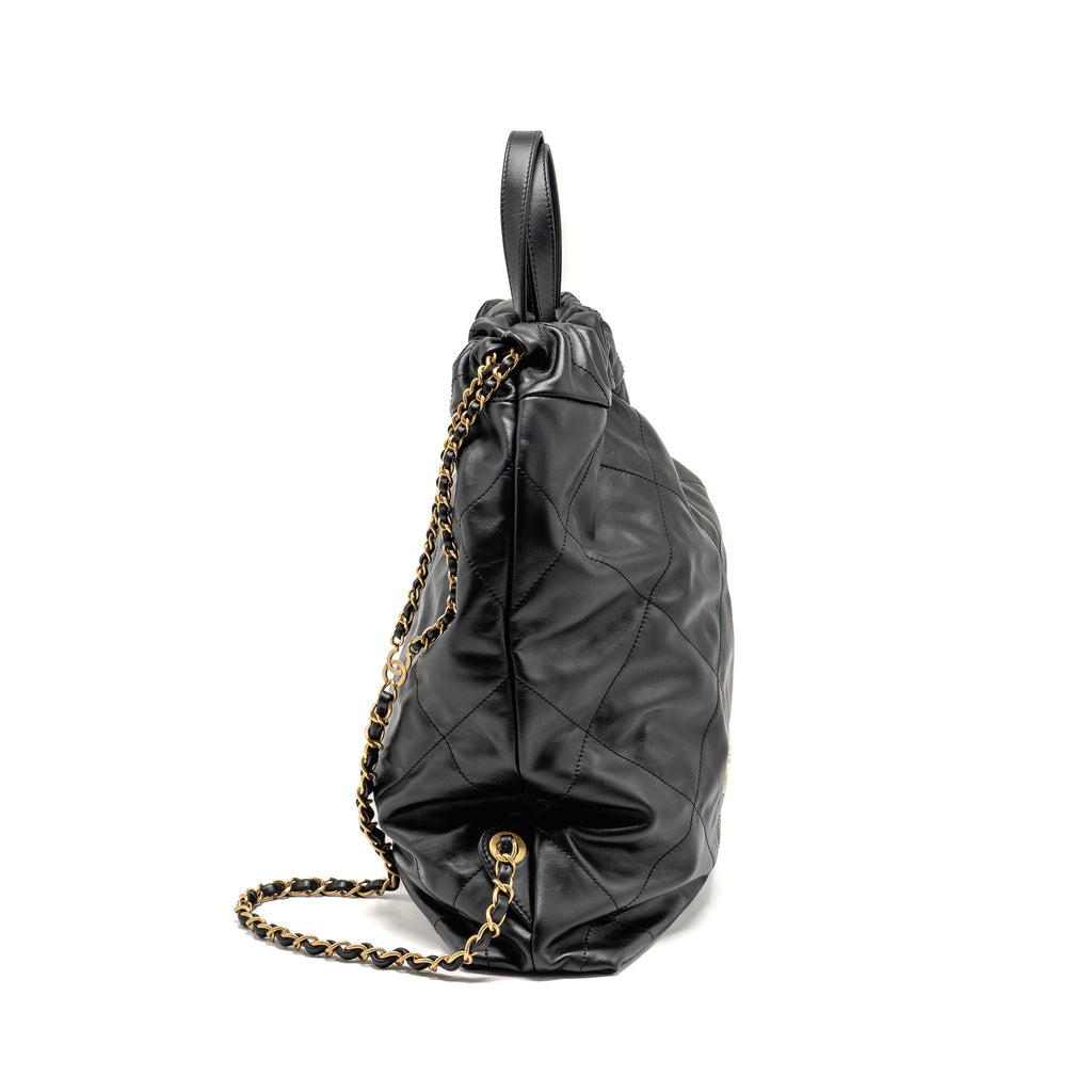 CHANEL 22 BACKPACK WHITE LETTER LOGO SHINY CALFSKIN BLACK GHW (MICROCHIP)