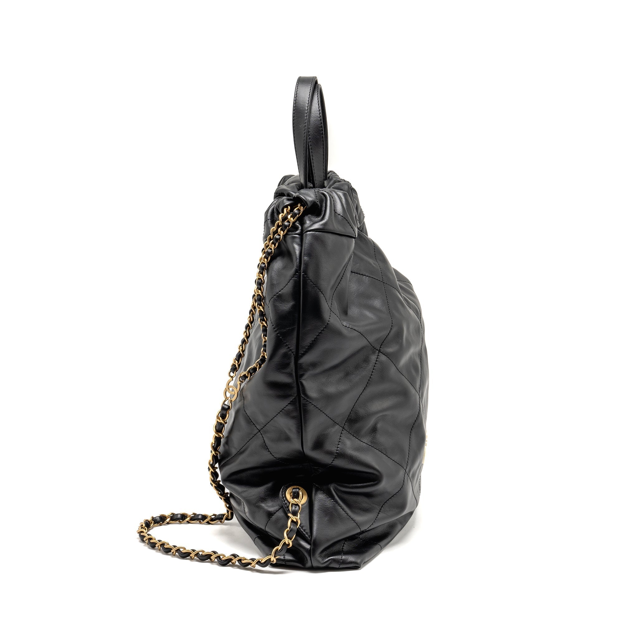 CHANEL 22 BACKPACK WHITE LETTER LOGO SHINY CALFSKIN BLACK GHW (MICROCHIP)