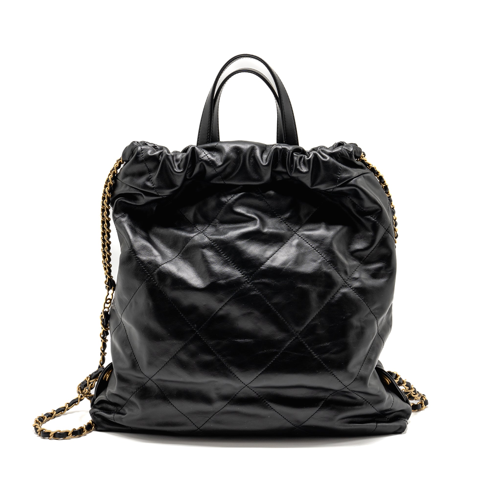 CHANEL 22 BACKPACK WHITE LETTER LOGO SHINY CALFSKIN BLACK GHW (MICROCHIP)