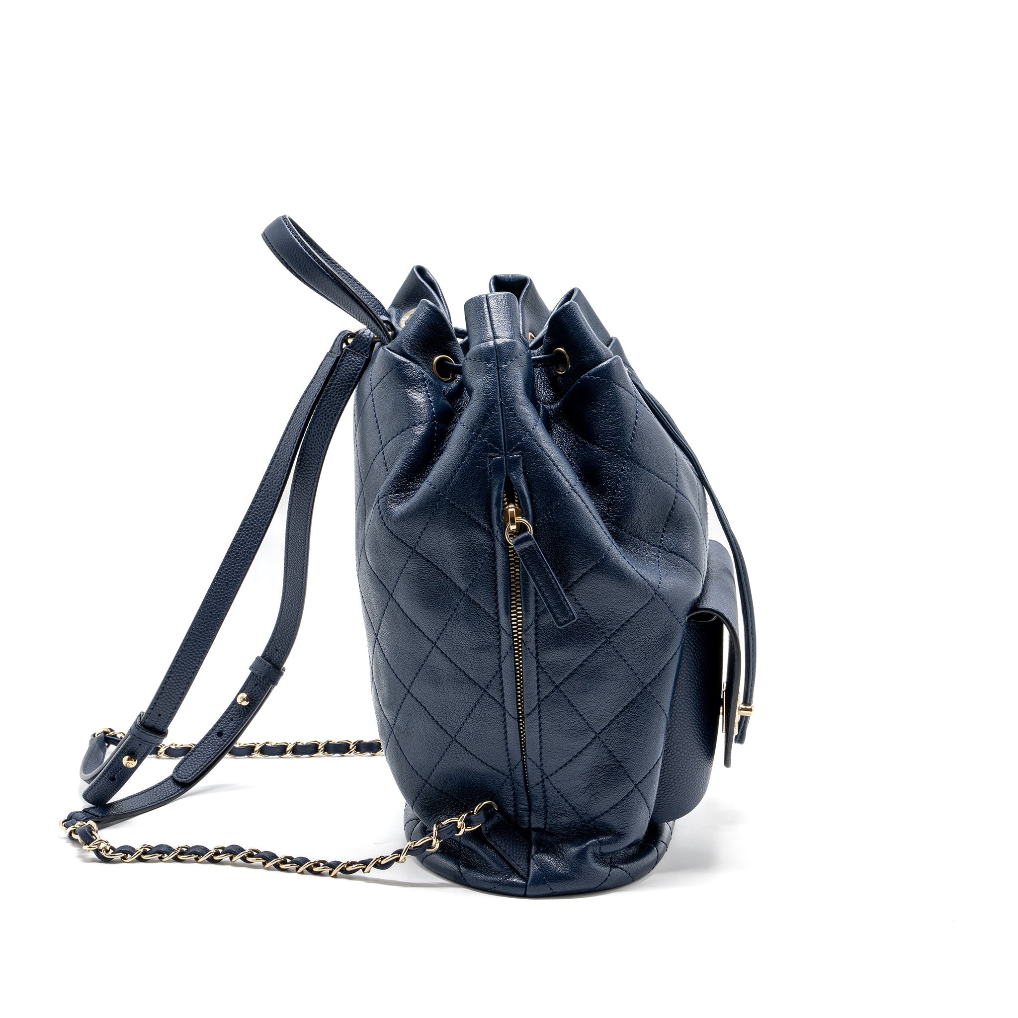 CHANEL DRAWSTRING BACKPACK LAMBSKIN / GRAINED CALFSKIN DARK BLUE LGHW
