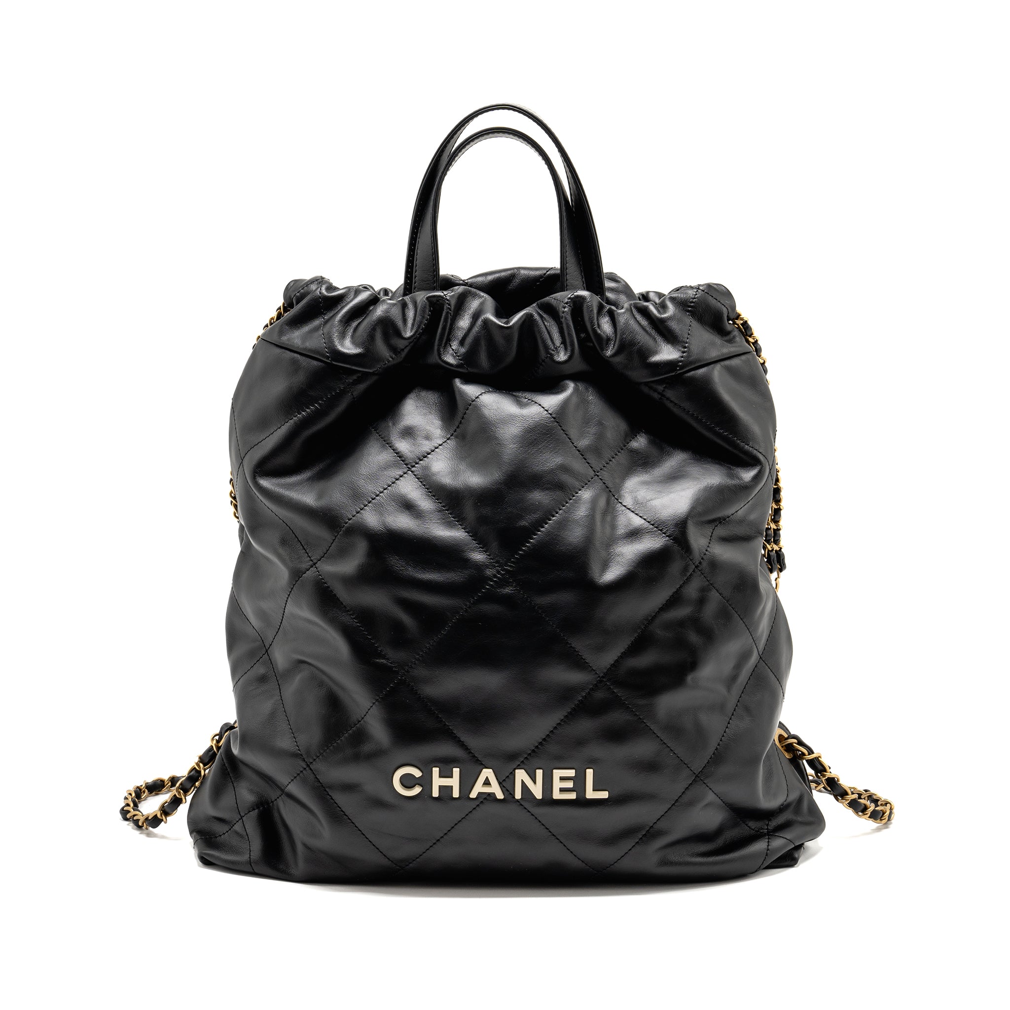 CHANEL 22 BACKPACK WHITE LETTER LOGO SHINY CALFSKIN BLACK GHW (MICROCHIP)