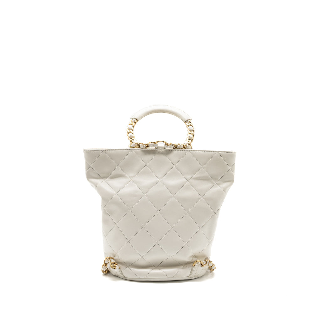 CHANEL ROUND HANDLE BUCKET BACKPACK LAMBSKIN WHITE GHW