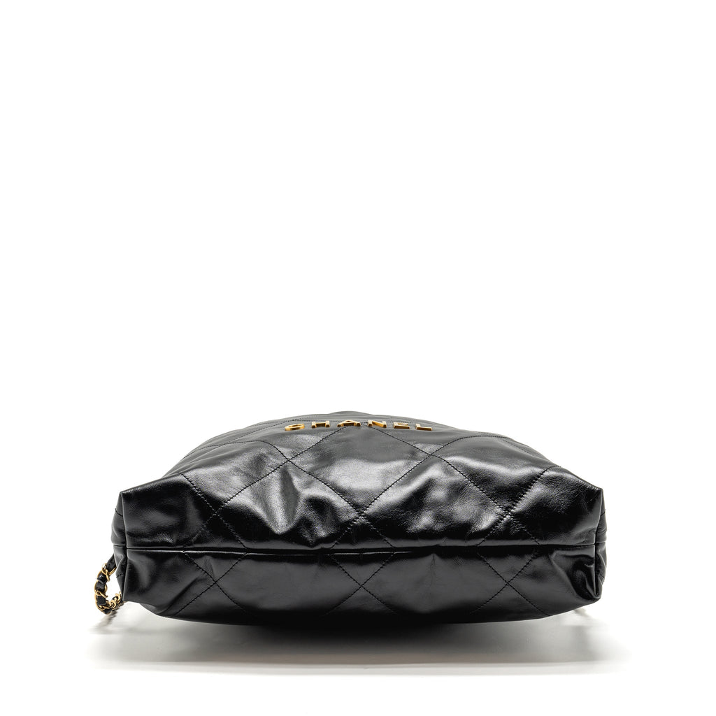 CHANEL LARGE 22 BACKPACK GOLD LETTER LOGO SHINY CALFSKIN BLACK GHW(MICROCHIP)