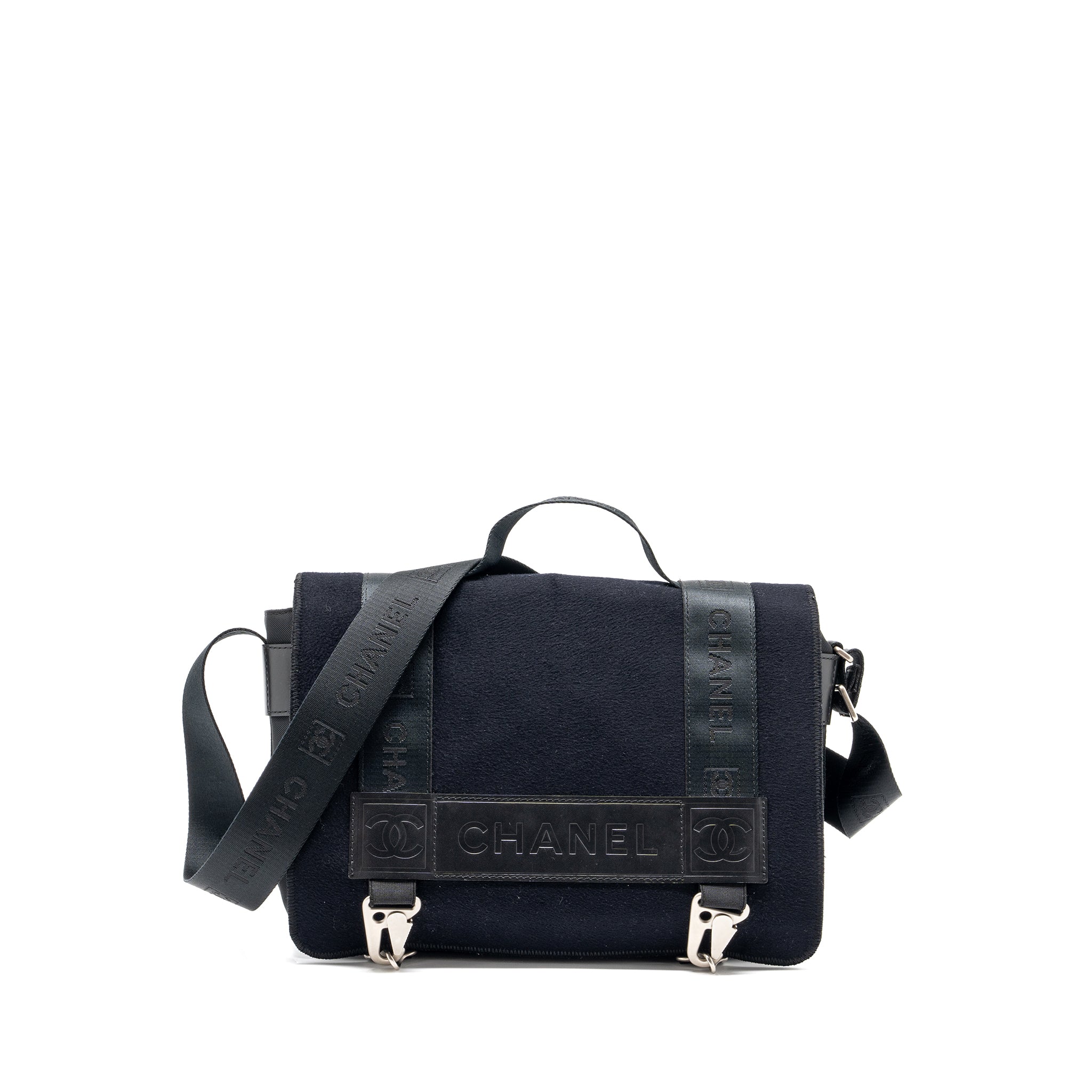 CHANEL VINTAGE MESSENGER SHOULDER BAG FELT/CANVAS BLACK SHW