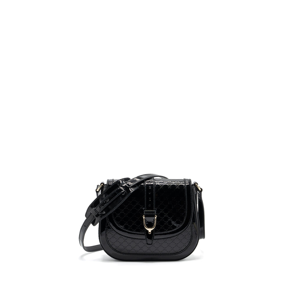 GUCCI MESSENGER CROSSBODY BAG PATENT BLACK LGHW