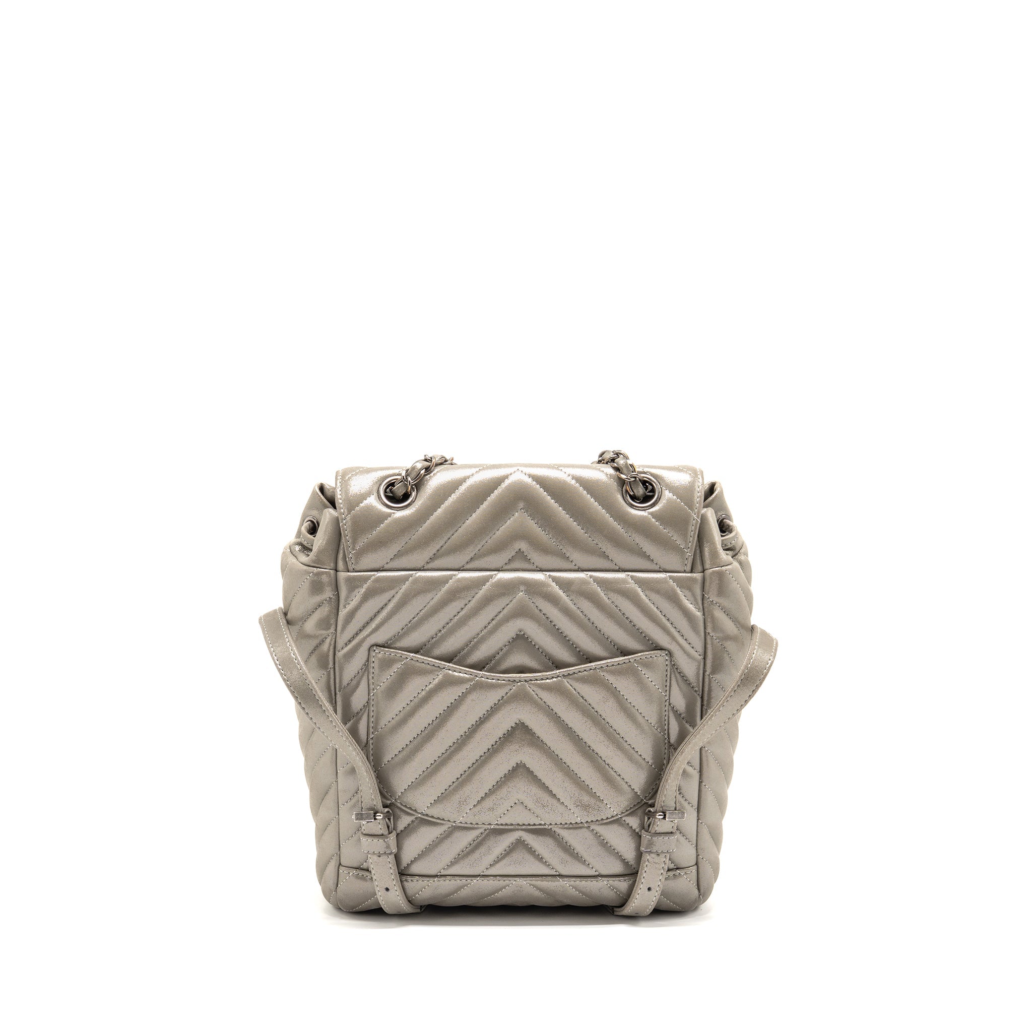 CHANEL SMALL URBAN SPIRIT BACKPACK CHEVRON CALFSKIN IRIDESCENT LIGHT GREY RUTHENIUM HARDWARE