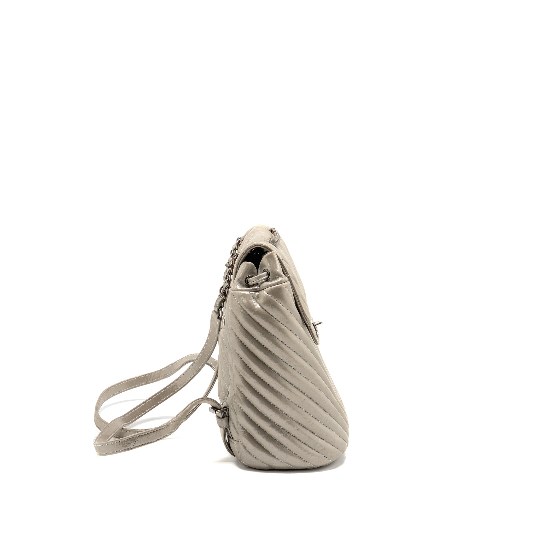CHANEL SMALL URBAN SPIRIT BACKPACK CHEVRON CALFSKIN IRIDESCENT LIGHT GREY RUTHENIUM HARDWARE