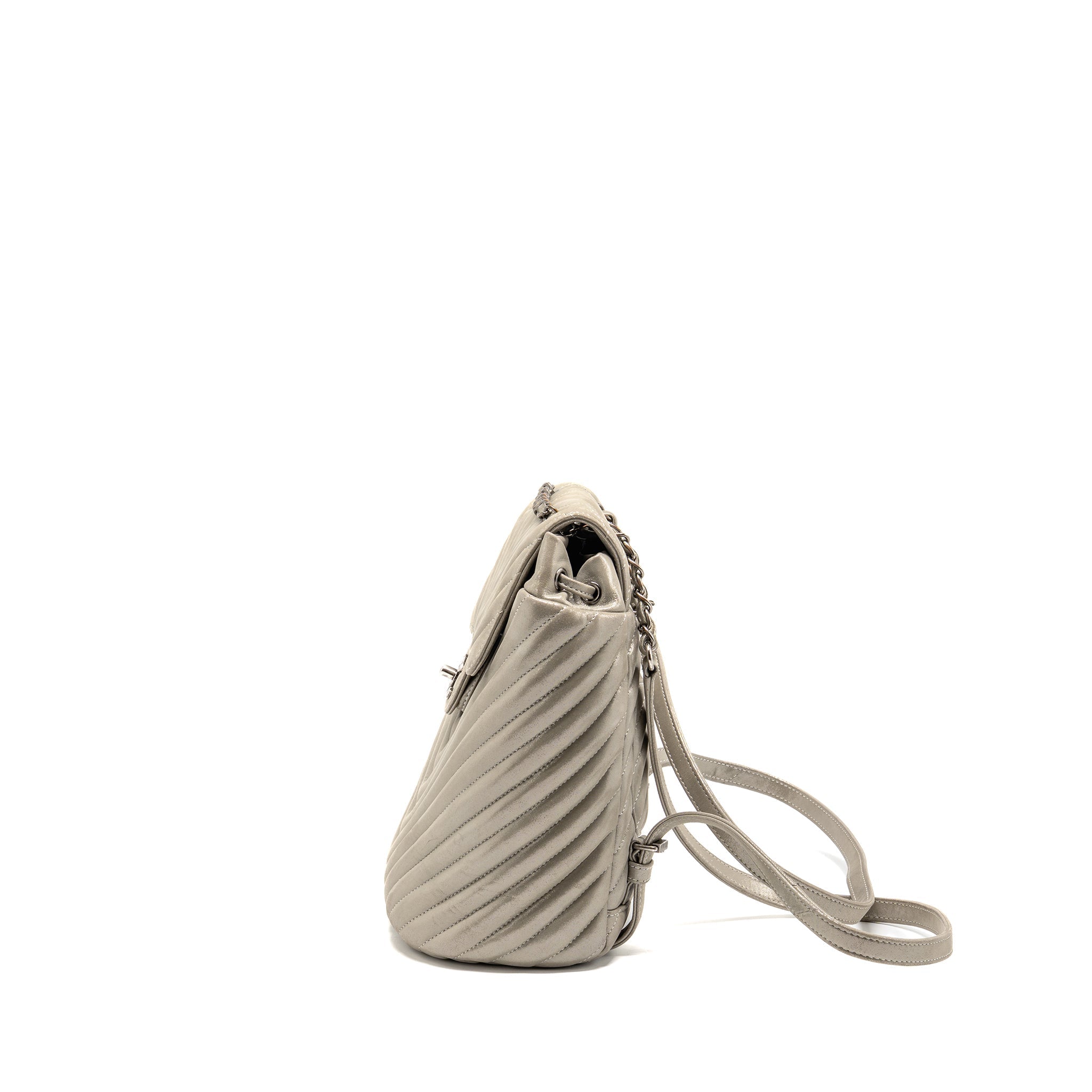 CHANEL SMALL URBAN SPIRIT BACKPACK CHEVRON CALFSKIN IRIDESCENT LIGHT GREY RUTHENIUM HARDWARE