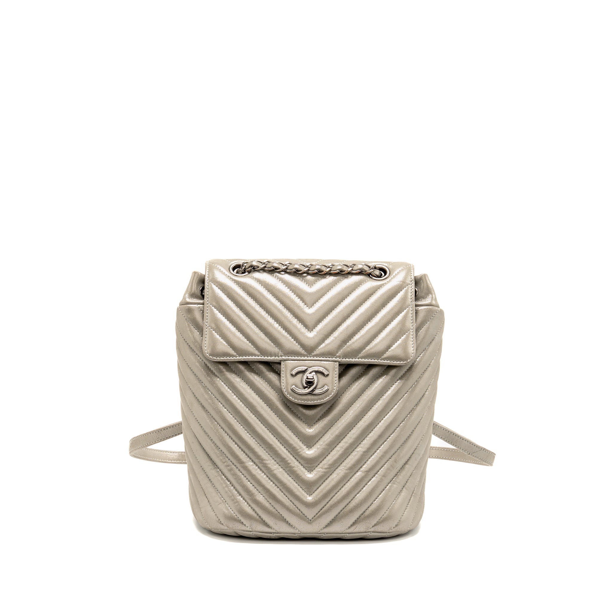 CHANEL SMALL URBAN SPIRIT BACKPACK CHEVRON CALFSKIN IRIDESCENT LIGHT GREY RUTHENIUM HARDWARE
