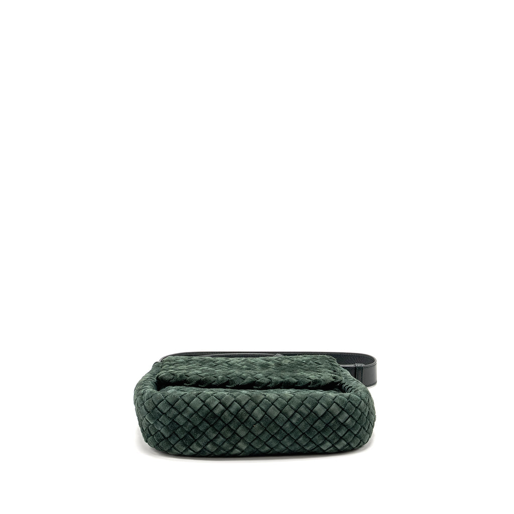 BOTTEGA VENETA COBBLE MESSENGER BAG INTRECCIATO-WOVEN PADDED SUEDE DARK GREEN GHW