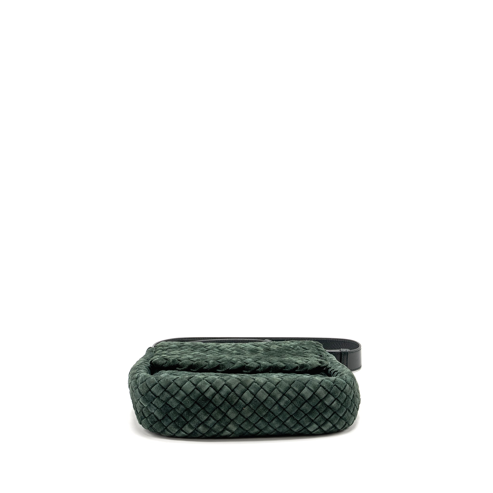 BOTTEGA VENETA COBBLE MESSENGER BAG INTRECCIATO-WOVEN PADDED SUEDE DARK GREEN GHW