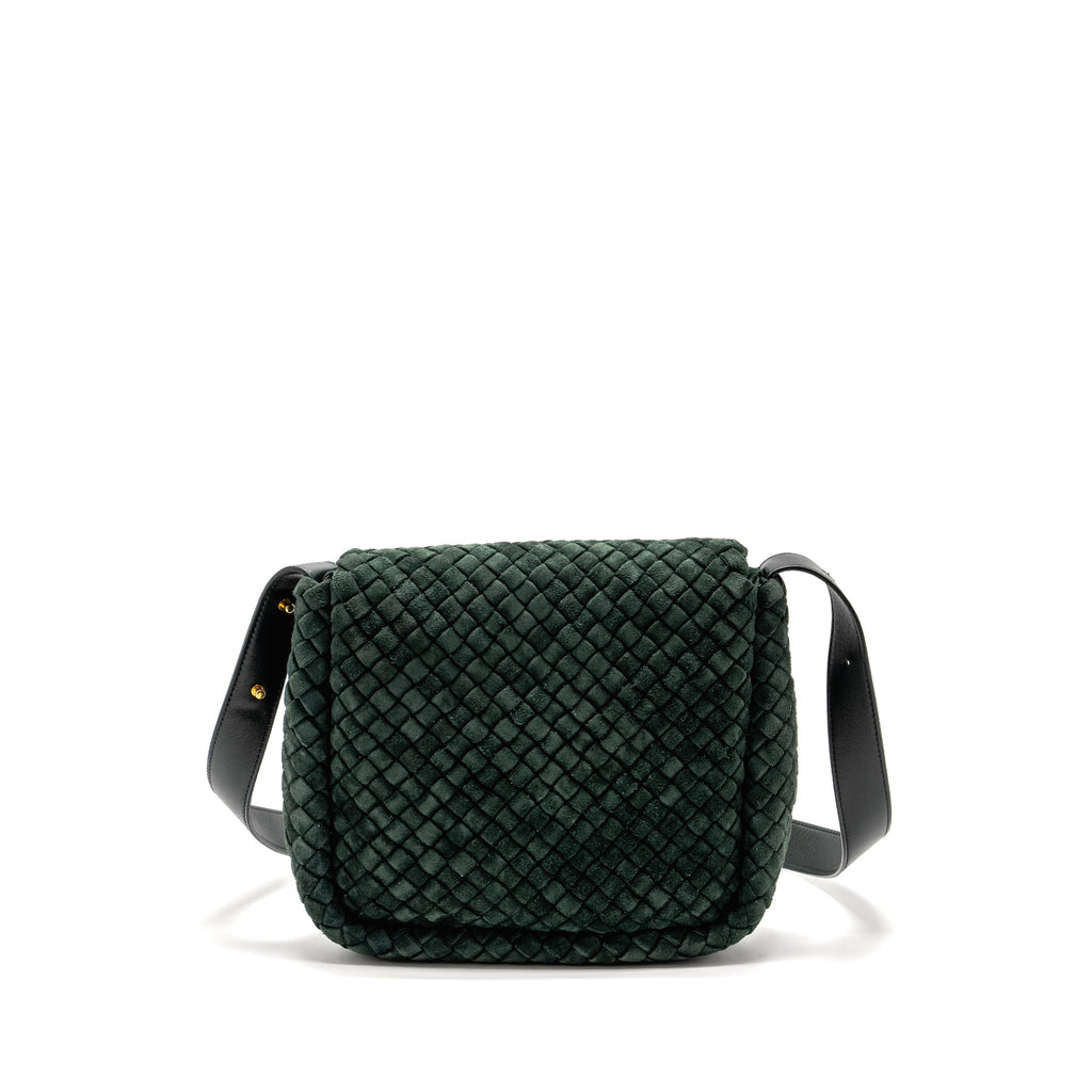 BOTTEGA VENETA COBBLE MESSENGER BAG INTRECCIATO-WOVEN PADDED SUEDE DARK GREEN GHW