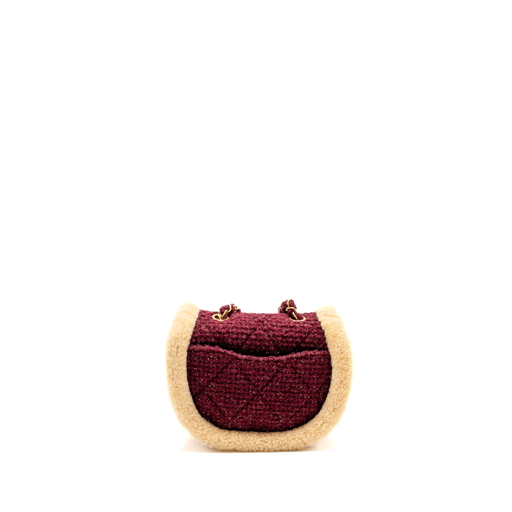 CHANEL 22K MINI MESSENGER FLAP BAG SHEARLING/TWEED BURGUNDY/BEIGE GHW (MICROCHIP)