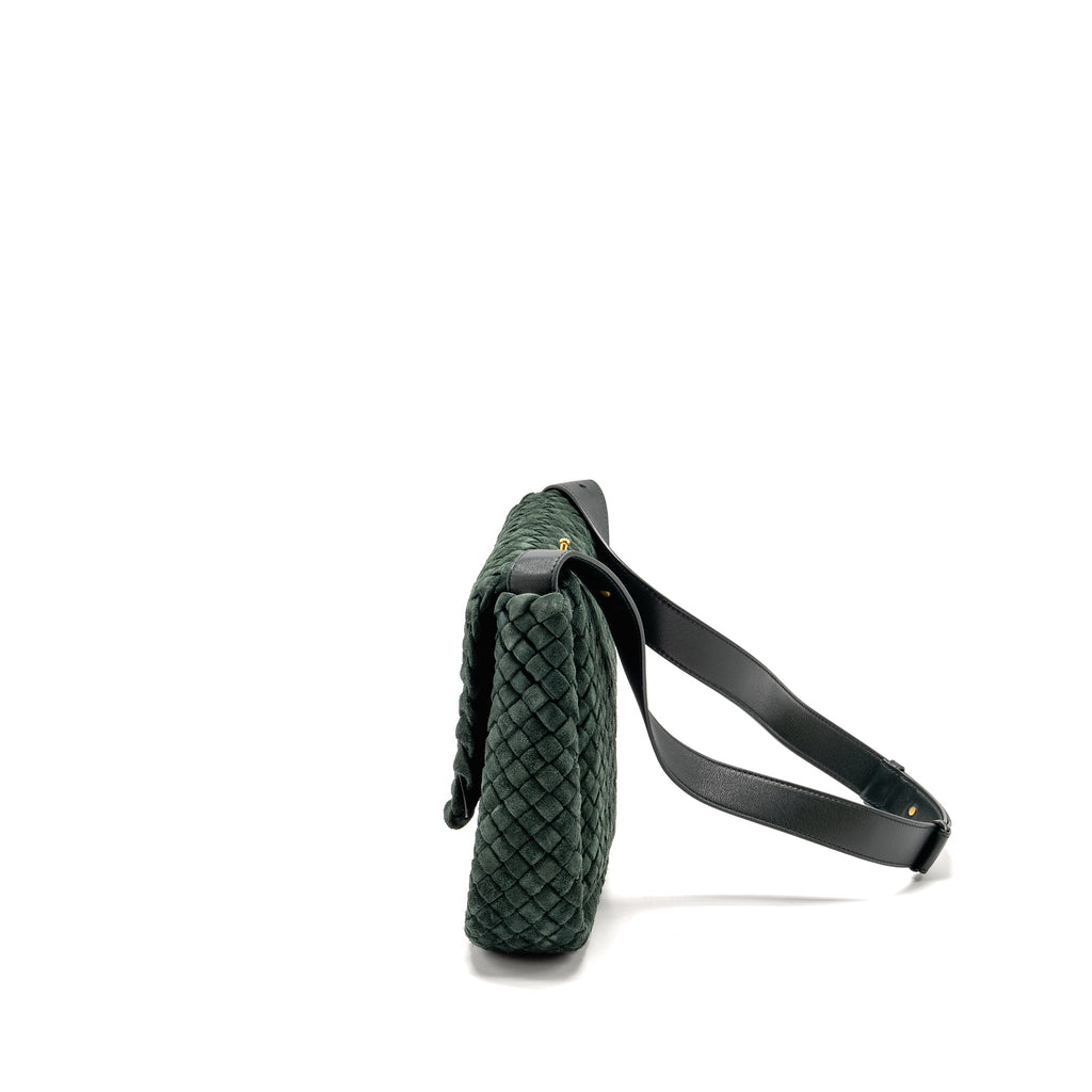 BOTTEGA VENETA COBBLE MESSENGER BAG INTRECCIATO-WOVEN PADDED SUEDE DARK GREEN GHW
