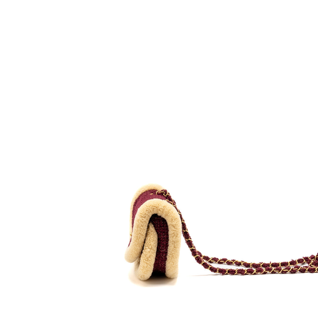 CHANEL 22K MINI MESSENGER FLAP BAG SHEARLING/TWEED BURGUNDY/BEIGE GHW (MICROCHIP)