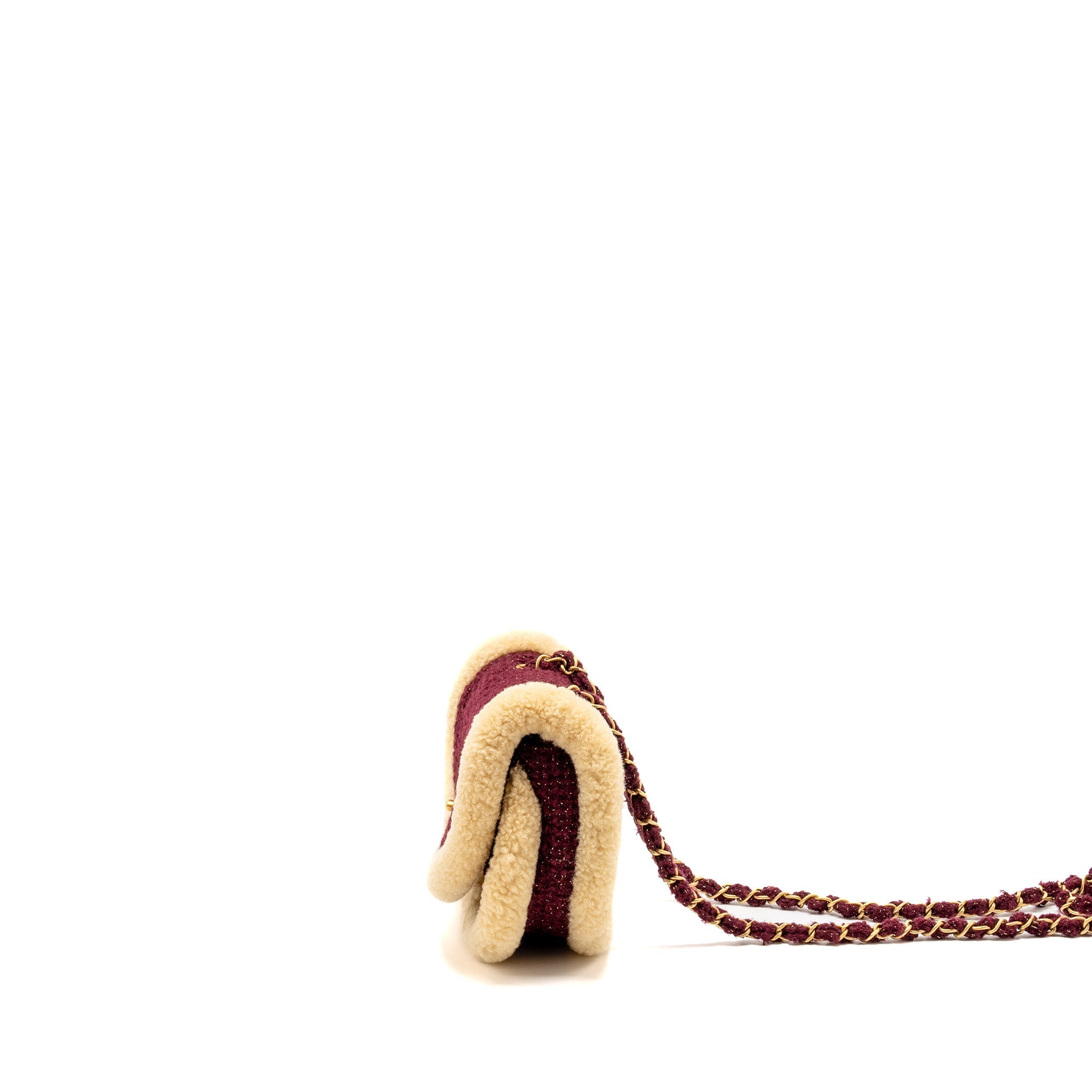 CHANEL 22K MINI MESSENGER FLAP BAG SHEARLING/TWEED BURGUNDY/BEIGE GHW (MICROCHIP)