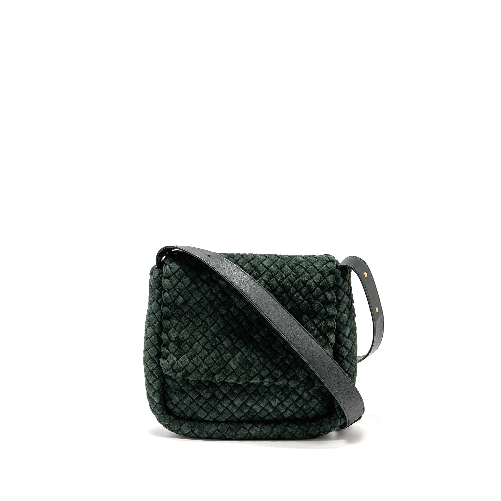 BOTTEGA VENETA COBBLE MESSENGER BAG INTRECCIATO-WOVEN PADDED SUEDE DARK GREEN GHW