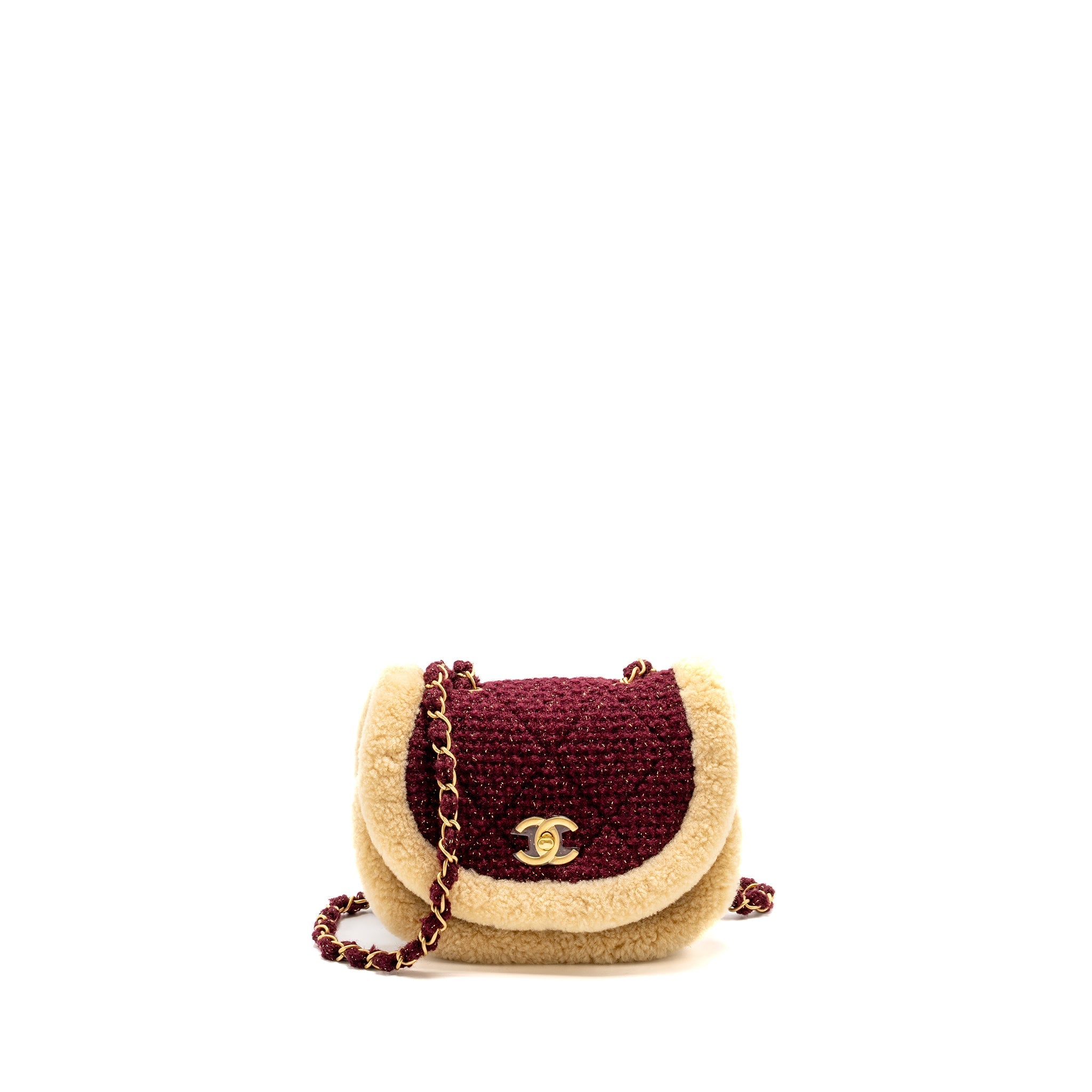 CHANEL 22K MINI MESSENGER FLAP BAG SHEARLING/TWEED BURGUNDY/BEIGE GHW (MICROCHIP)