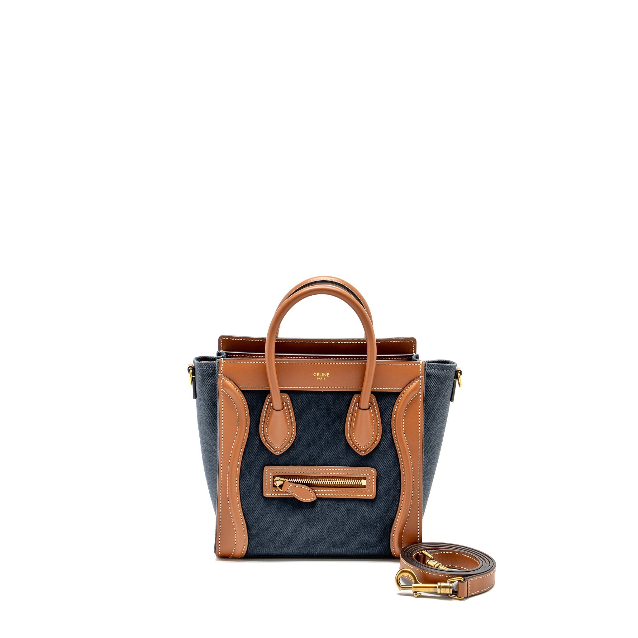 CELINE NANO LUGGAGE BAG CALFSKIN/DENIM TAN/NAVY GHW