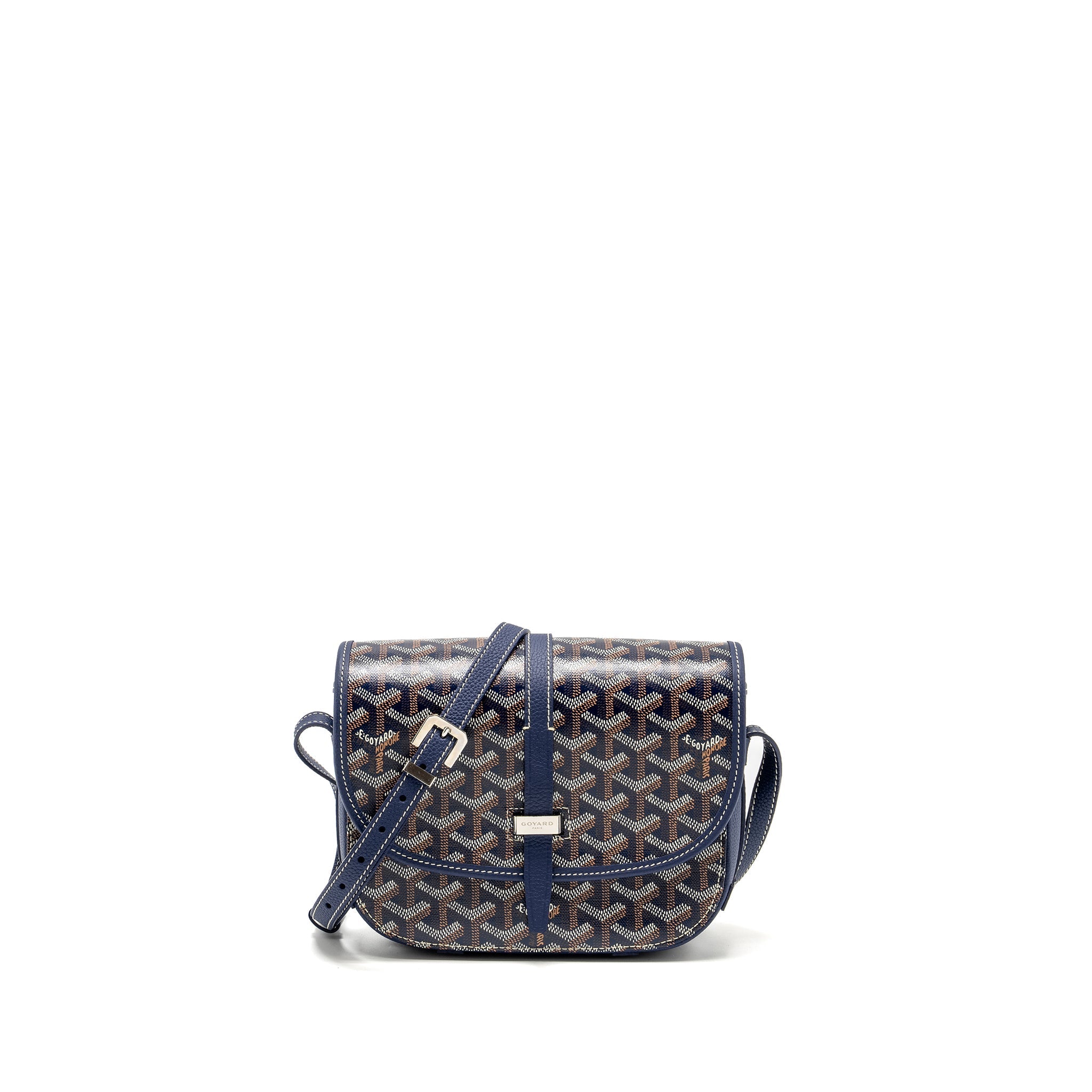 GOYARD BELVEDERE PM MESSENGER BAG GOYARDINE CANVAS/CALFSKIN NAVY SHW