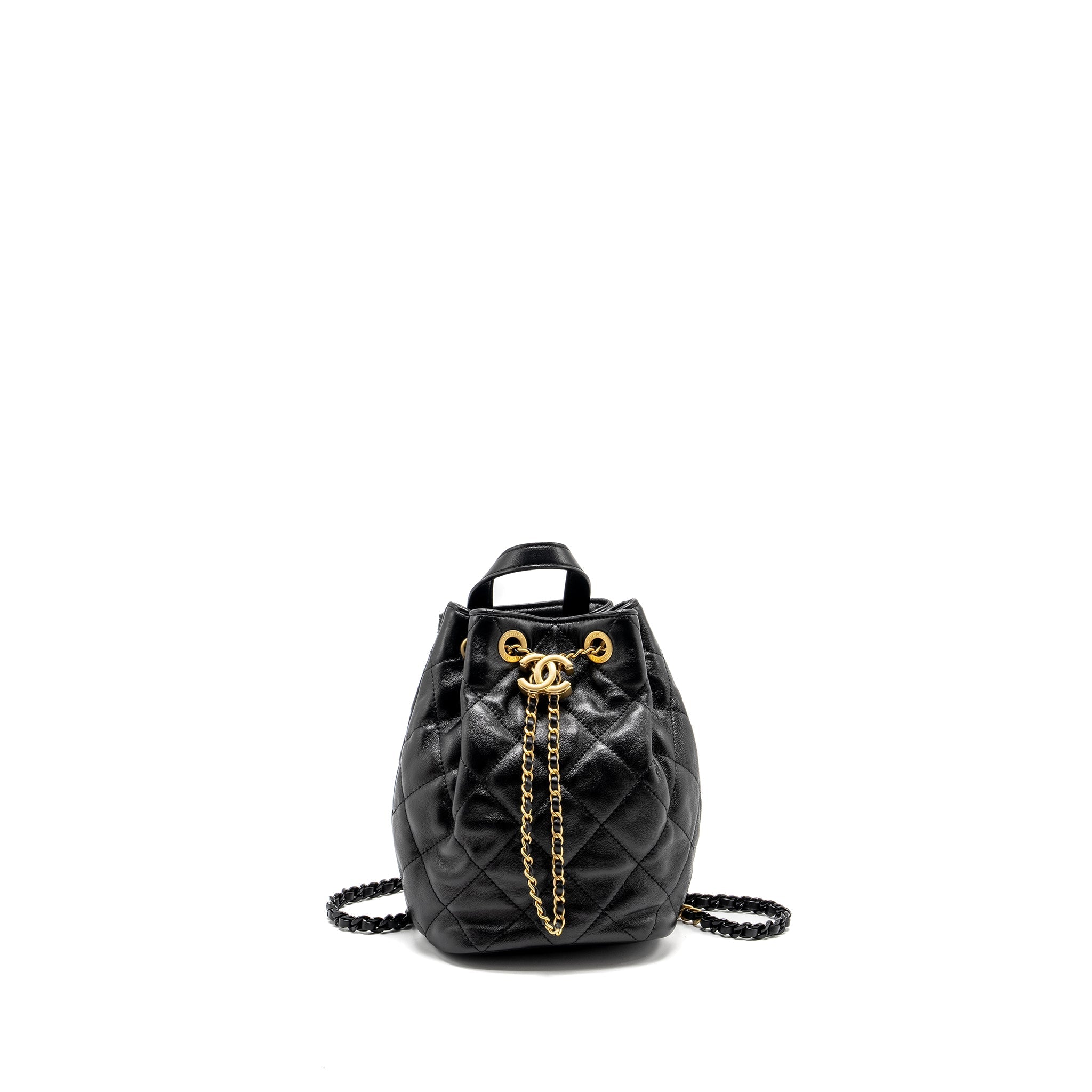 CHANEL 22S CANDY CHAINS MINI BUCKET BACKPACK LAMBSKIN BLACK GHW (MICROCHIP)