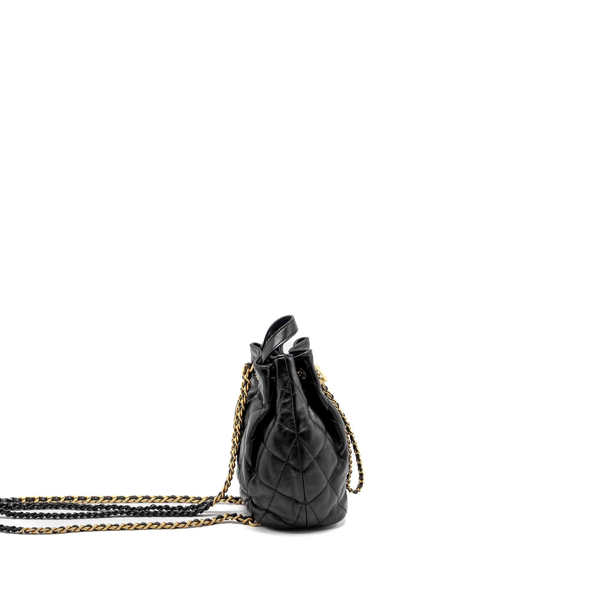 CHANEL 22S CANDY CHAINS MINI BUCKET BACKPACK LAMBSKIN BLACK GHW (MICROCHIP)