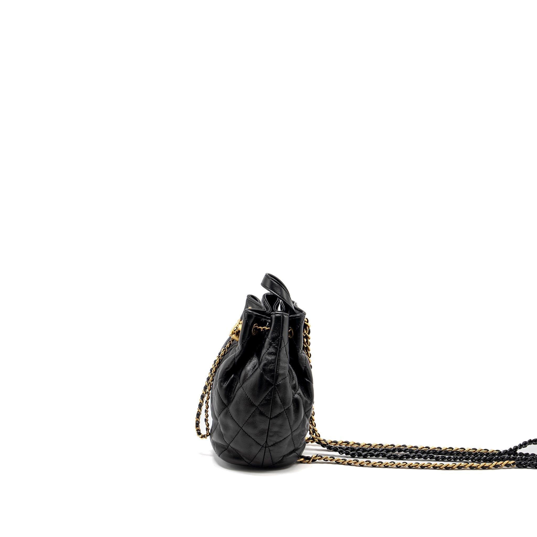 CHANEL 22S CANDY CHAINS MINI BUCKET BACKPACK LAMBSKIN BLACK GHW (MICROCHIP)