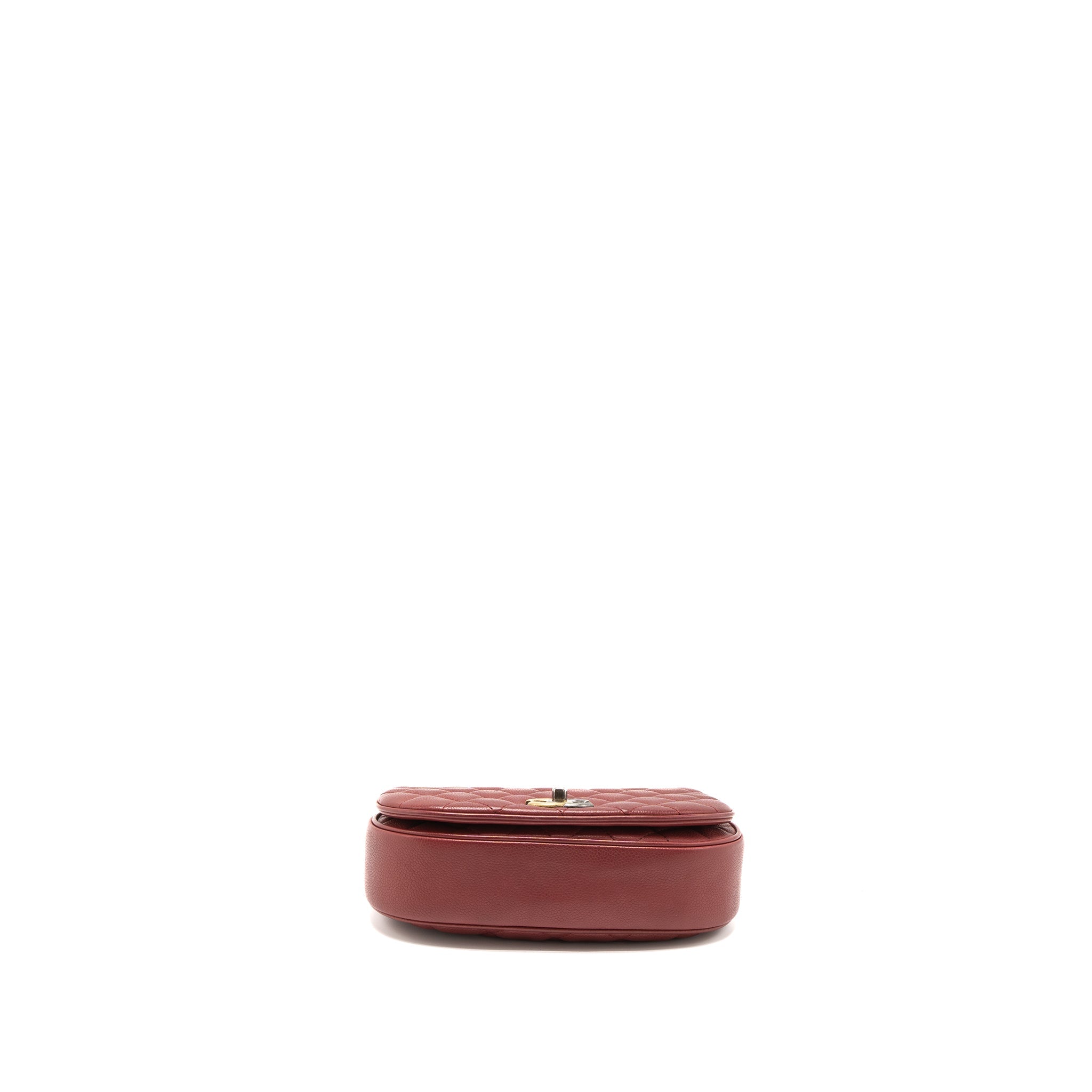 CHANEL ROUND CROSSBODY MESSENGER BAG CAVIAR RED BRUSHED GOLD/RUTHENIUM SILVER HARDWARE