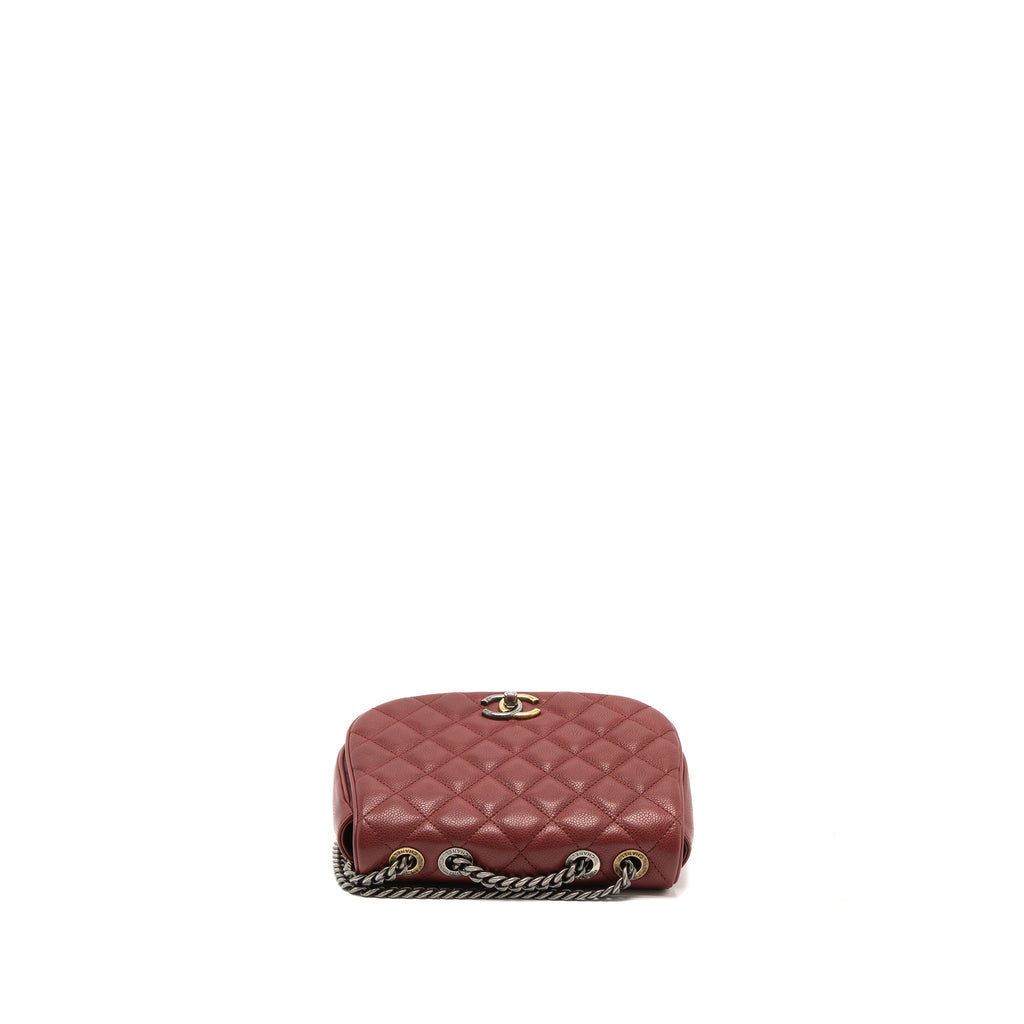 CHANEL ROUND CROSSBODY MESSENGER BAG CAVIAR RED BRUSHED GOLD/RUTHENIUM SILVER HARDWARE