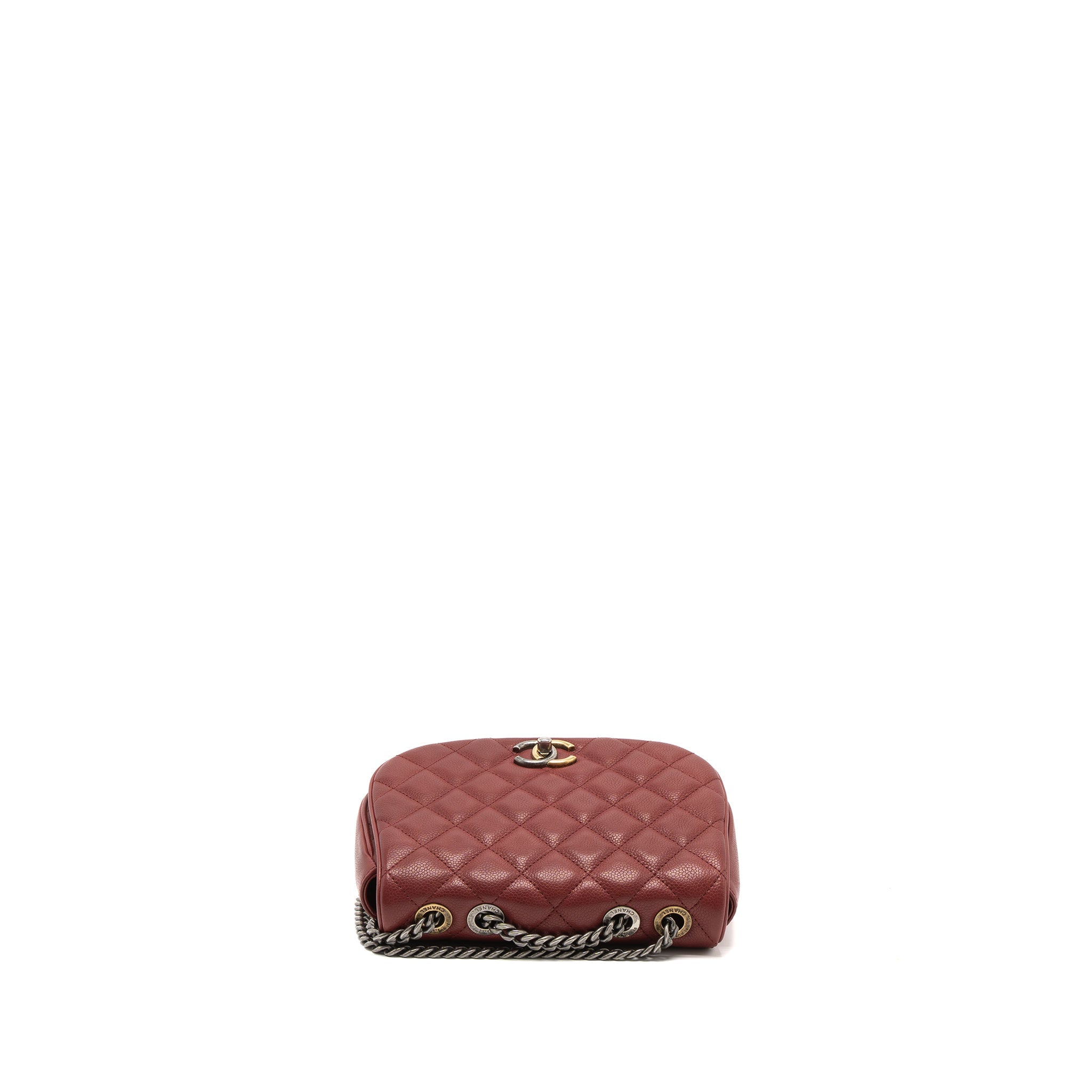 CHANEL ROUND CROSSBODY MESSENGER BAG CAVIAR RED BRUSHED GOLD/RUTHENIUM SILVER HARDWARE