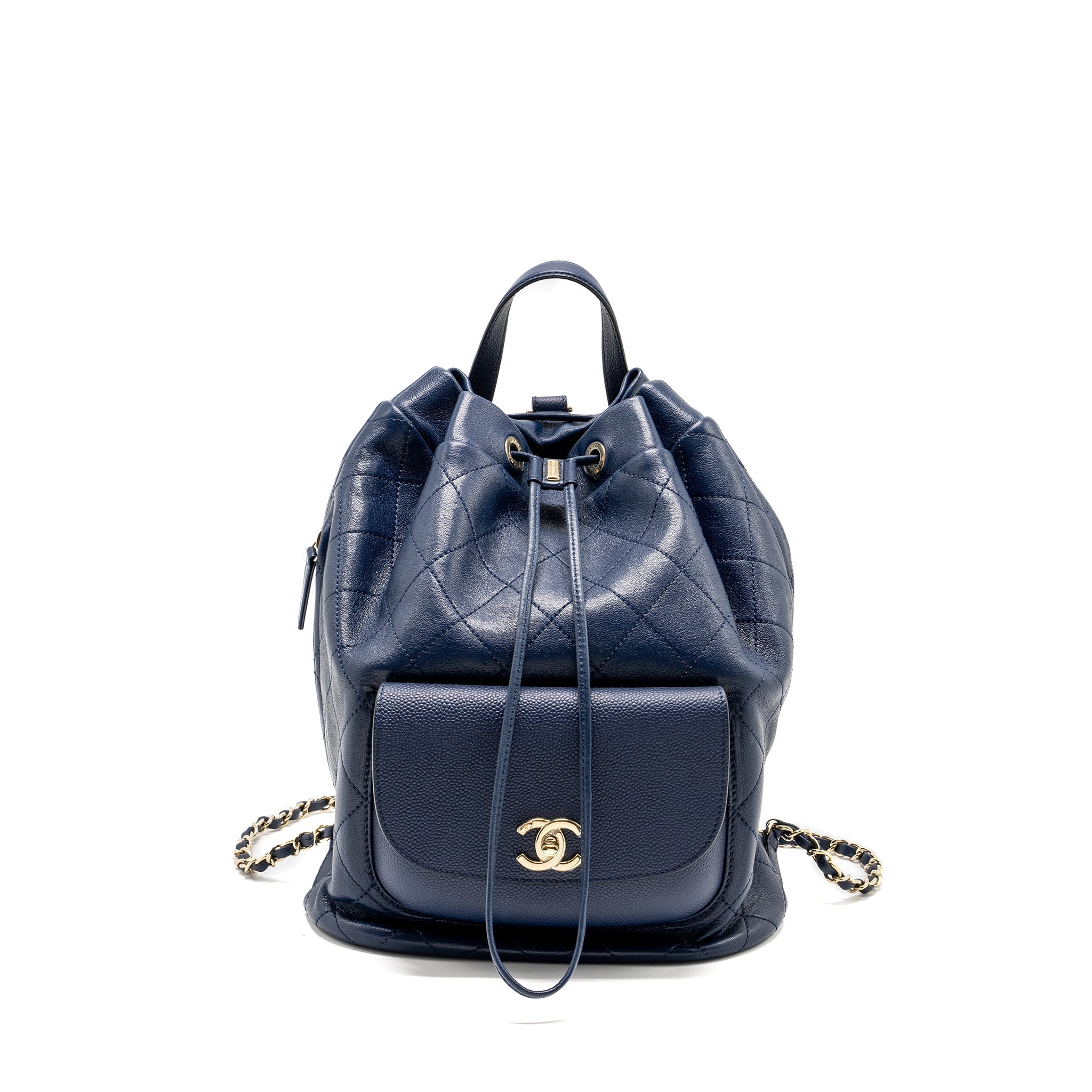 CHANEL DRAWSTRING BACKPACK LAMBSKIN/GRAINED CALFSKIN DARK BLUE LGHW