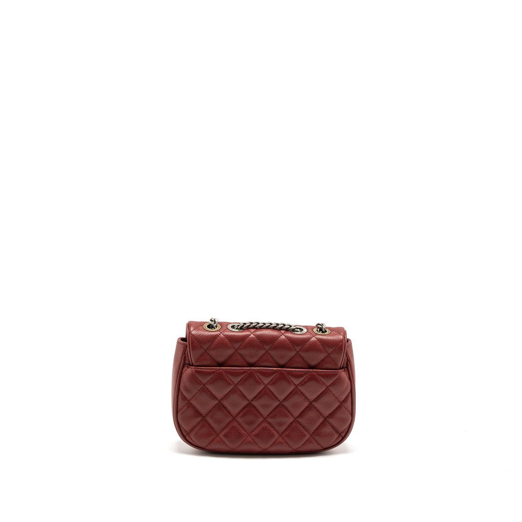 CHANEL ROUND CROSSBODY MESSENGER BAG CAVIAR RED BRUSHED GOLD/RUTHENIUM SILVER HARDWARE