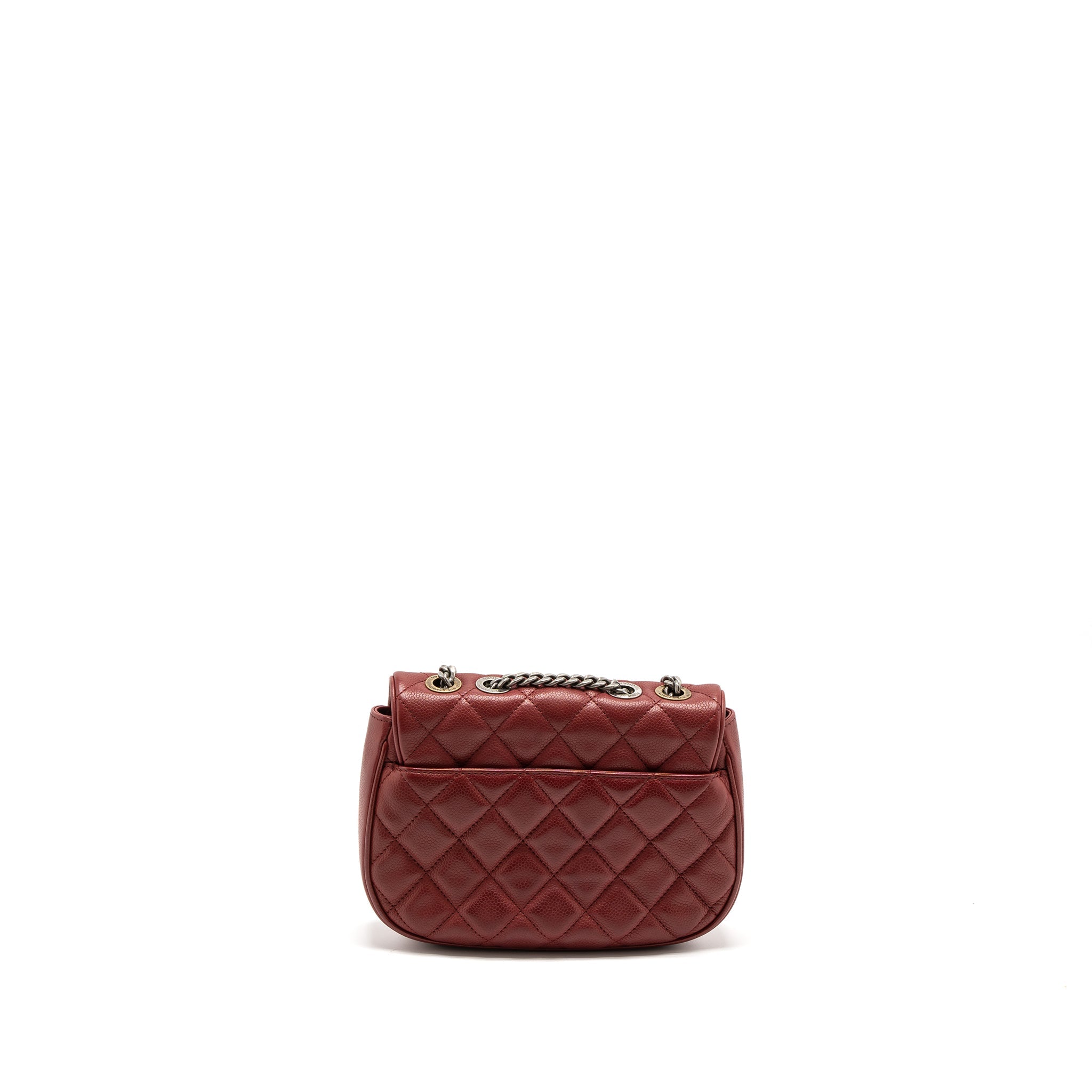 CHANEL ROUND CROSSBODY MESSENGER BAG CAVIAR RED BRUSHED GOLD/RUTHENIUM SILVER HARDWARE