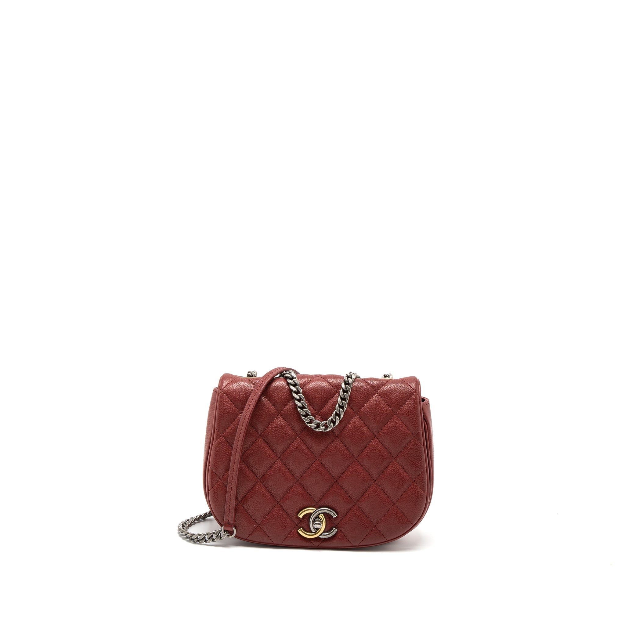 CHANEL ROUND CROSSBODY MESSENGER BAG CAVIAR RED BRUSHED GOLD/RUTHENIUM SILVER HARDWARE