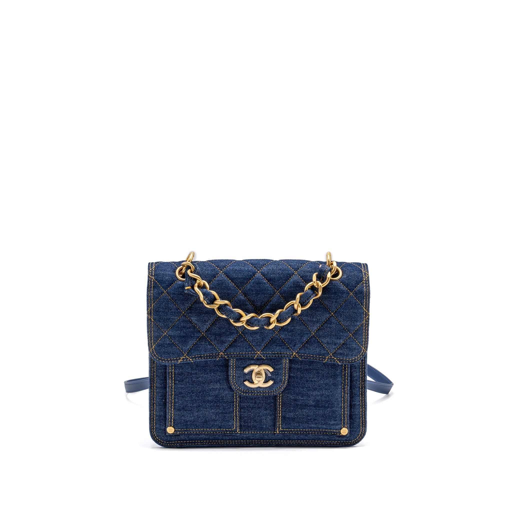 CHANEL 23S FLAP BACKPACK DENIM BLUE WITH GHW (MICROCHIP)