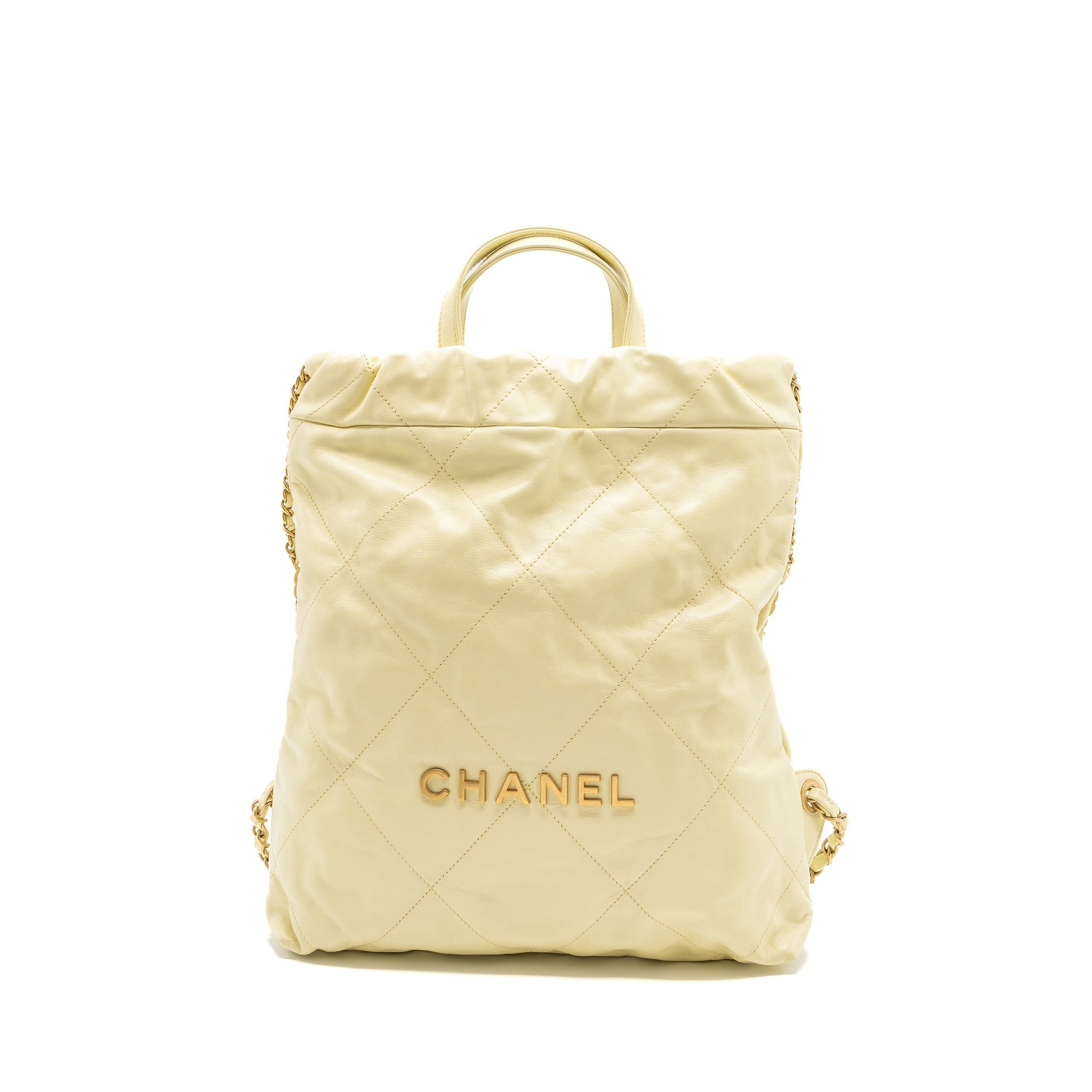 CHANEL 23P SMALL 22 BACKPACK SHINY CALFSKIN LIGHT YELLOW BRUSHED GHW(MICROCHIP)