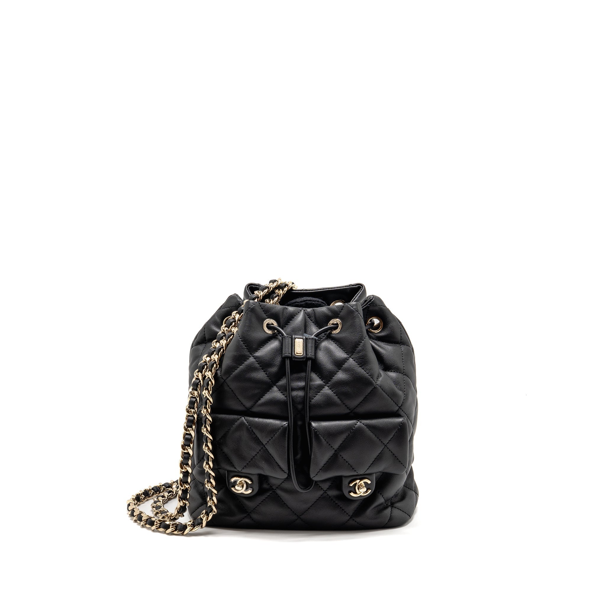 CHANEL DRAWSTRING TWO POCKETS BACKPACK CALFSKIN BLACK LGHW (MICROCHIP)