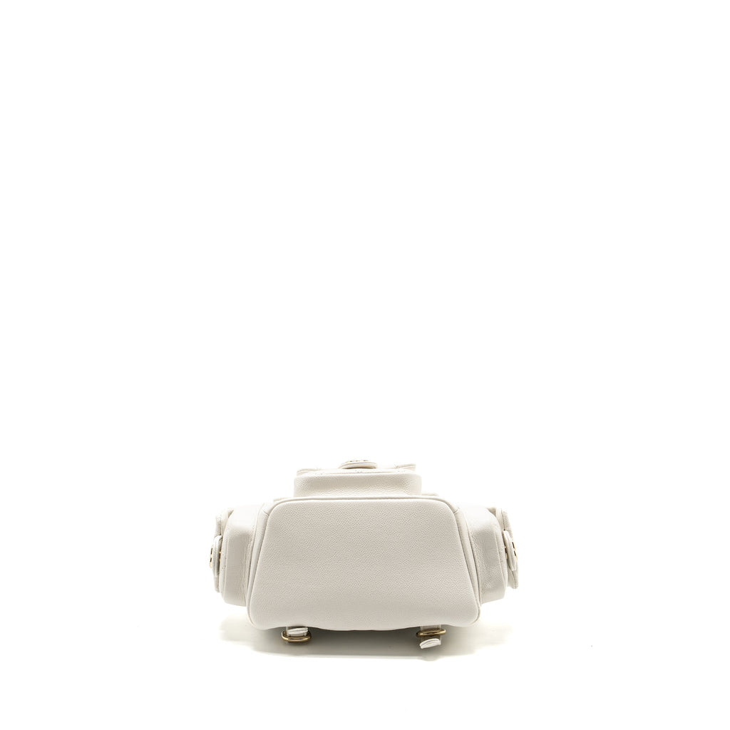 CHANEL 23K TRIPLE POCKET MINI BACKPACK CAVIAR WHITE LGHW (MICROCHIP)