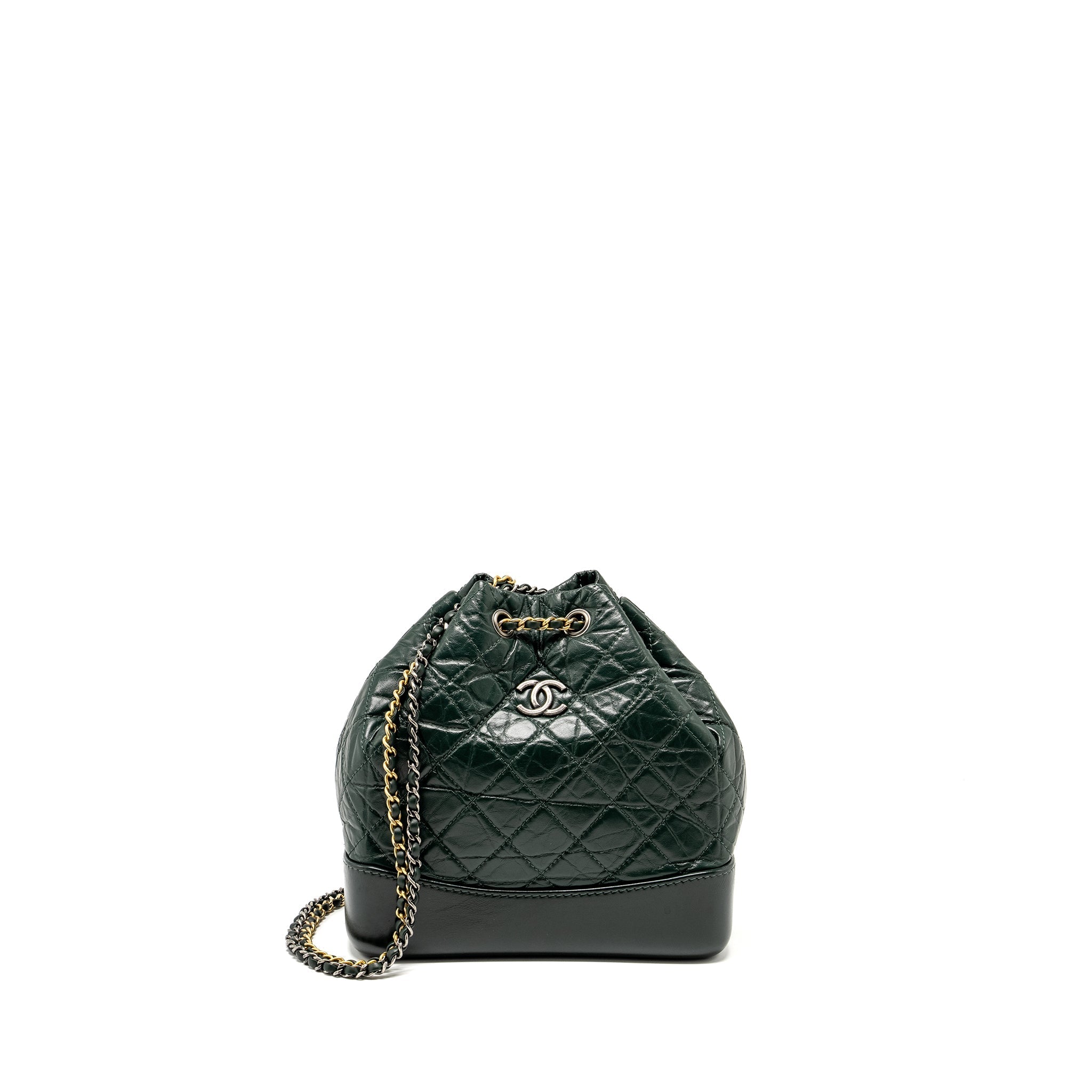 CHANEL SMALL GABRIELLE BACKPACK AGED CALFSKIN DARK GREEN MULTICOLOR HARDWARE