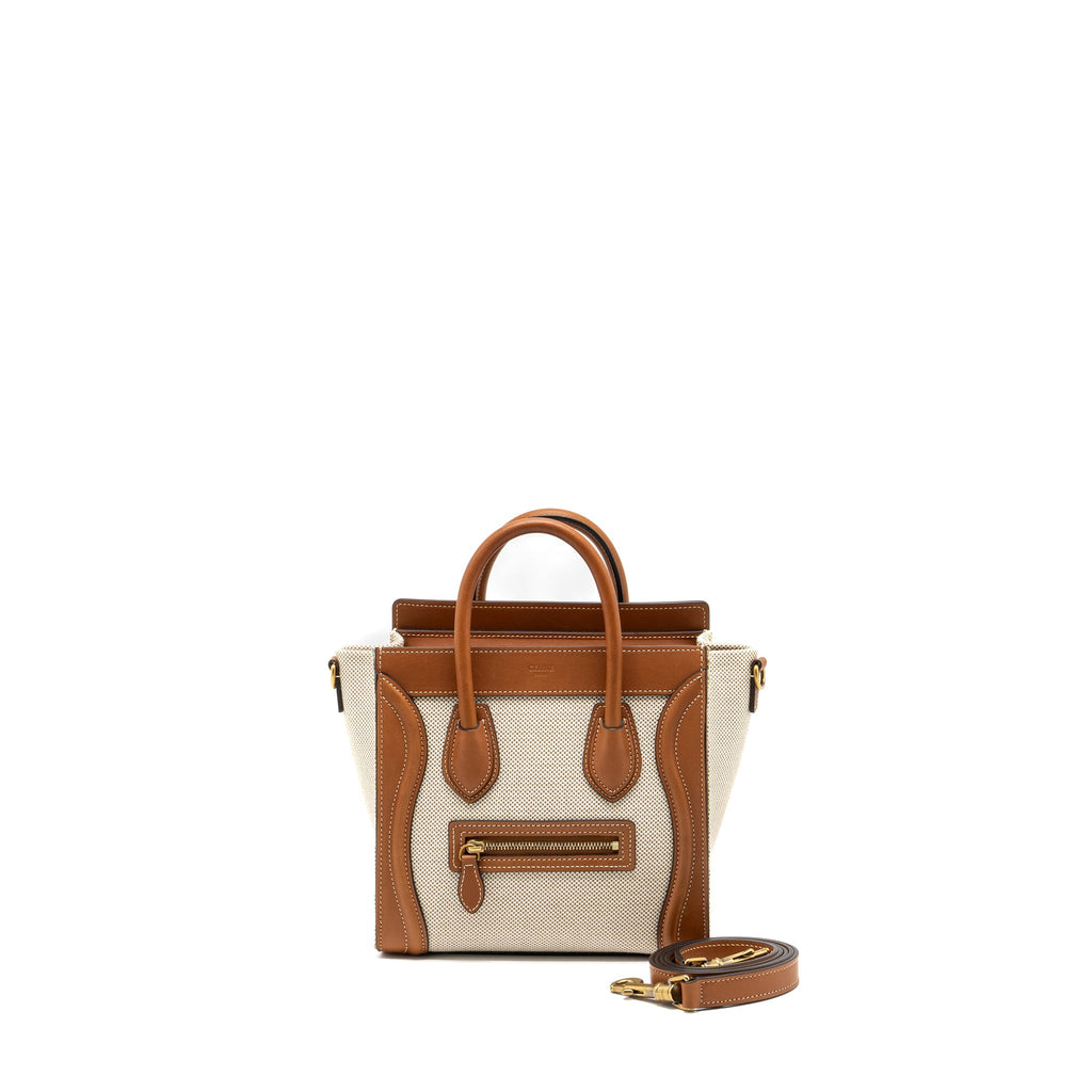 CELINE NANO LUGGAGE BAG CANVAS/LEATHER TAN/WHITE GHW