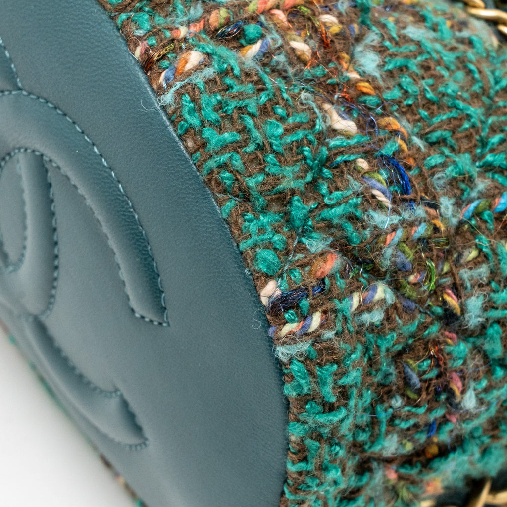 CHANEL BUCKET BACKPACK WITH CASE TWEED/LAMBSKIN DARK GREEN/MULTICOLOUR GHW (MICROCHIP)