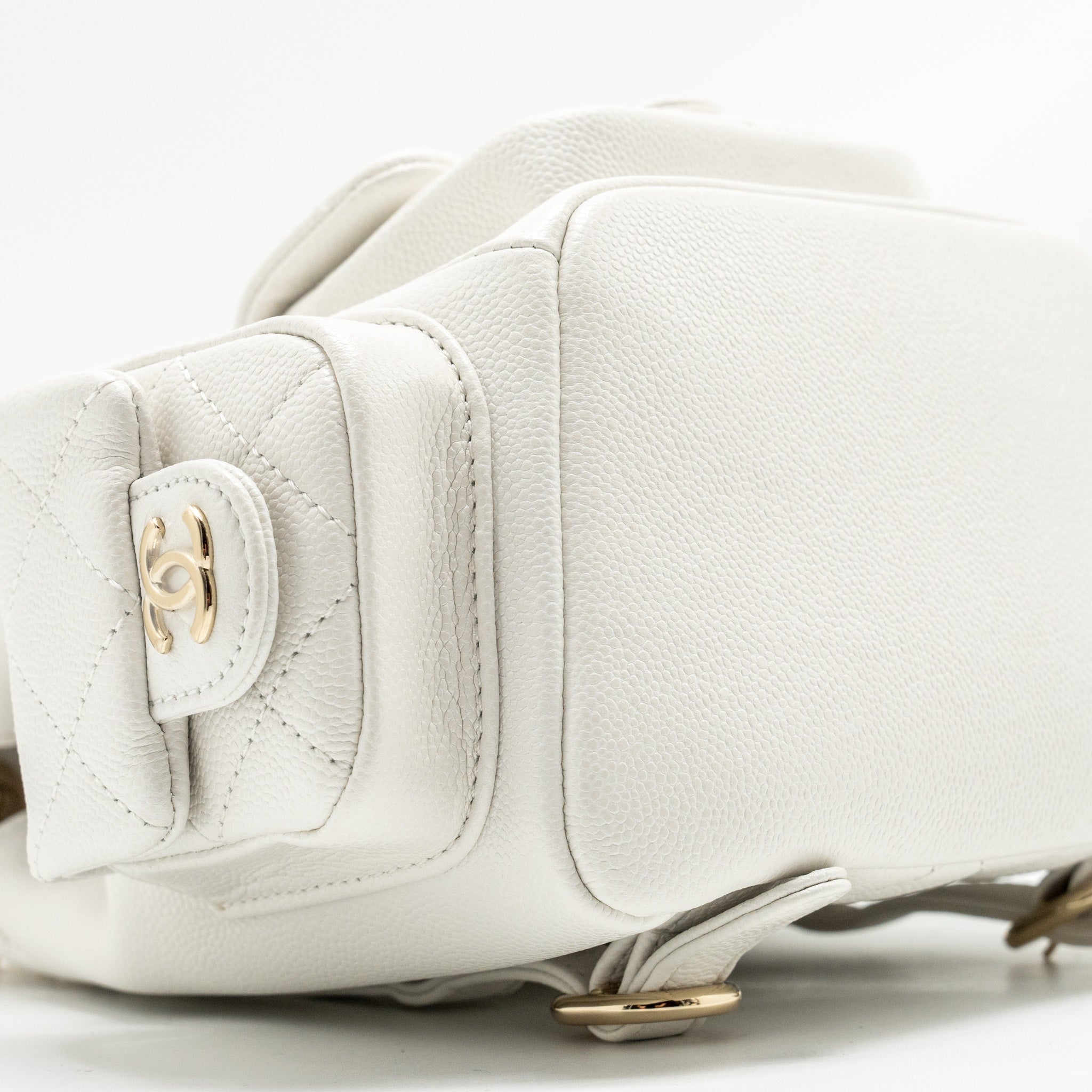 CHANEL 23K TRIPLE POCKET MINI BACKPACK CAVIAR WHITE LGHW (MICROCHIP)