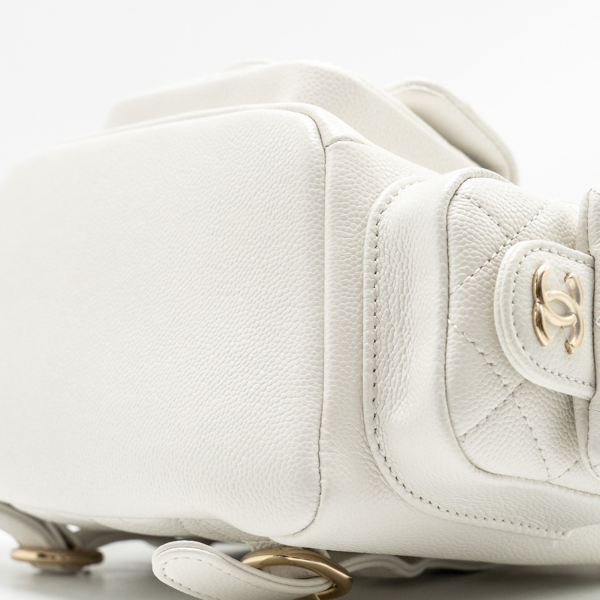 CHANEL 23K TRIPLE POCKET MINI BACKPACK CAVIAR WHITE LGHW (MICROCHIP)