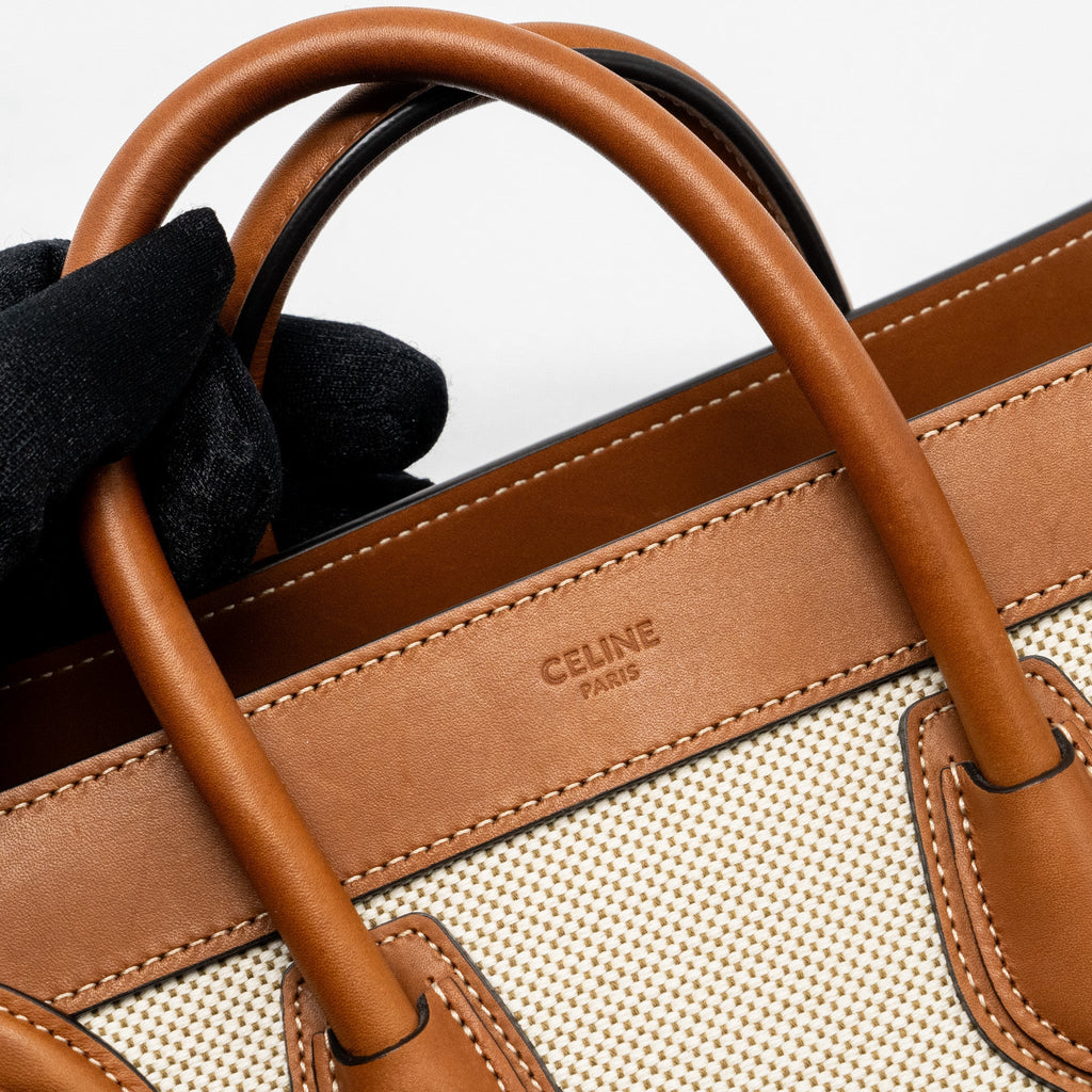 CELINE NANO LUGGAGE BAG CANVAS/LEATHER TAN/WHITE GHW