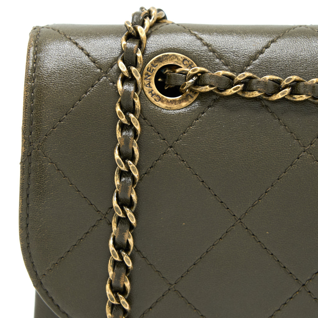 CHANEL MESSENGER FLAP BAG LAMBSKIN OLIVE GREEN RUTHENIUM GHW