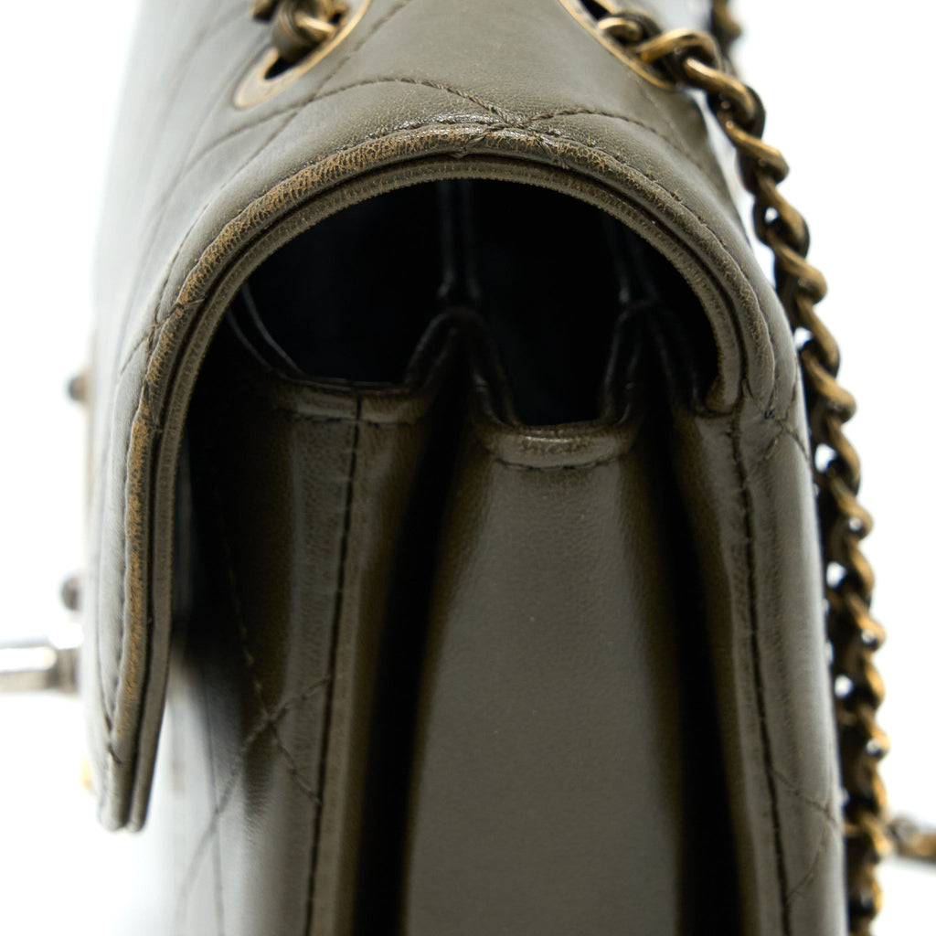 CHANEL MESSENGER FLAP BAG LAMBSKIN OLIVE GREEN RUTHENIUM GHW