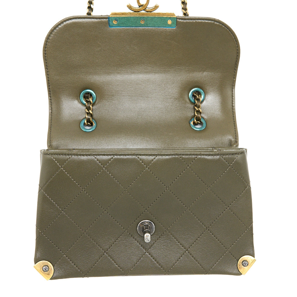 CHANEL MESSENGER FLAP BAG LAMBSKIN OLIVE GREEN RUTHENIUM GHW