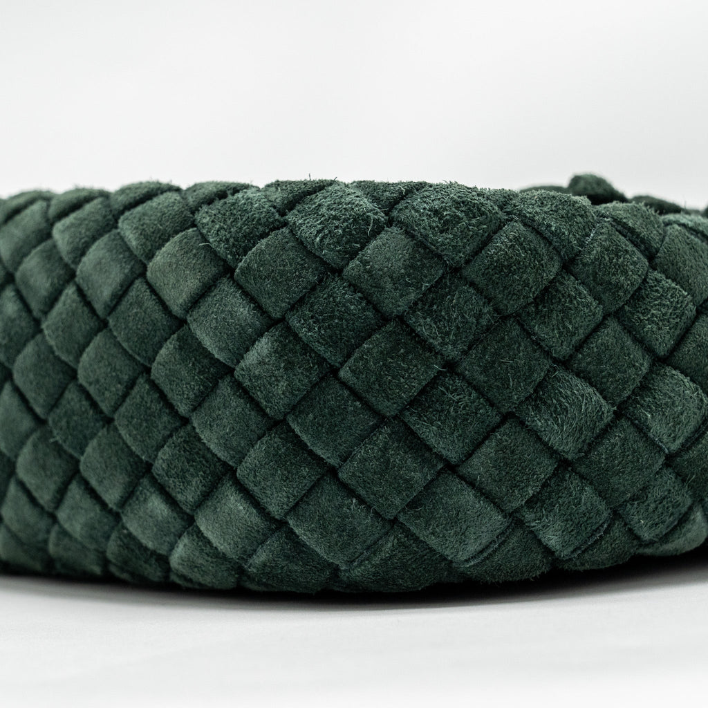 BOTTEGA VENETA COBBLE MESSENGER BAG INTRECCIATO-WOVEN PADDED SUEDE DARK GREEN GHW