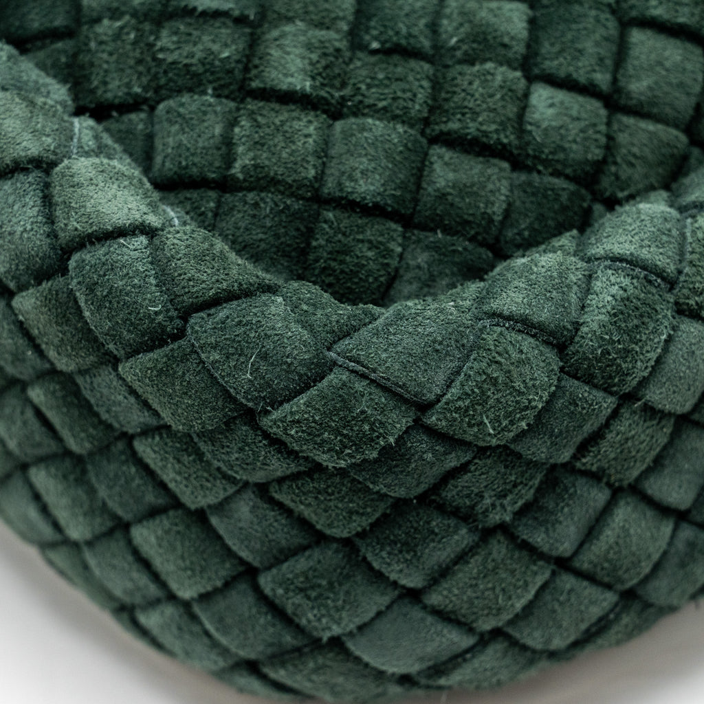 BOTTEGA VENETA COBBLE MESSENGER BAG INTRECCIATO-WOVEN PADDED SUEDE DARK GREEN GHW