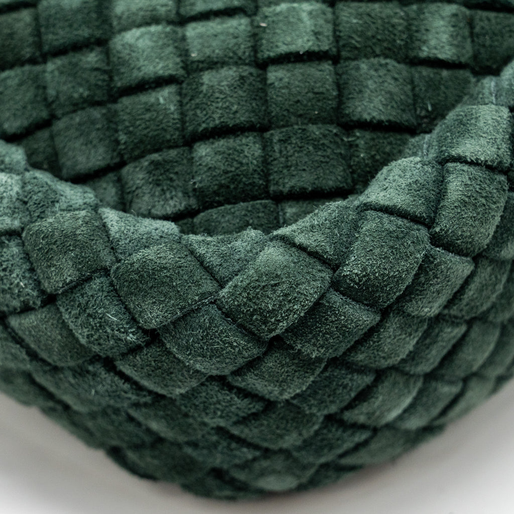 BOTTEGA VENETA COBBLE MESSENGER BAG INTRECCIATO-WOVEN PADDED SUEDE DARK GREEN GHW